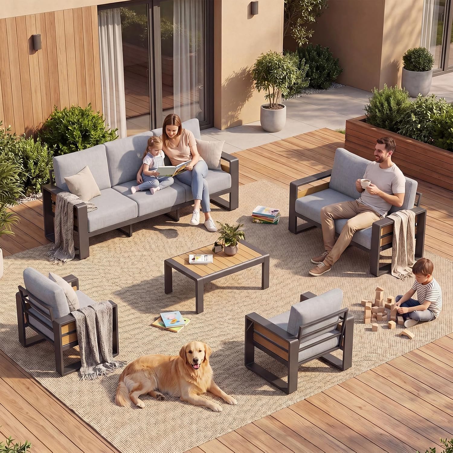LET'S PATIO Aluminum Patio Furniture Set 7 Seats, Oversized Outdoor Sectional with 5.5" Washable Thick Cushions, Patio Conversation Sets with Coffee Table for Backyard