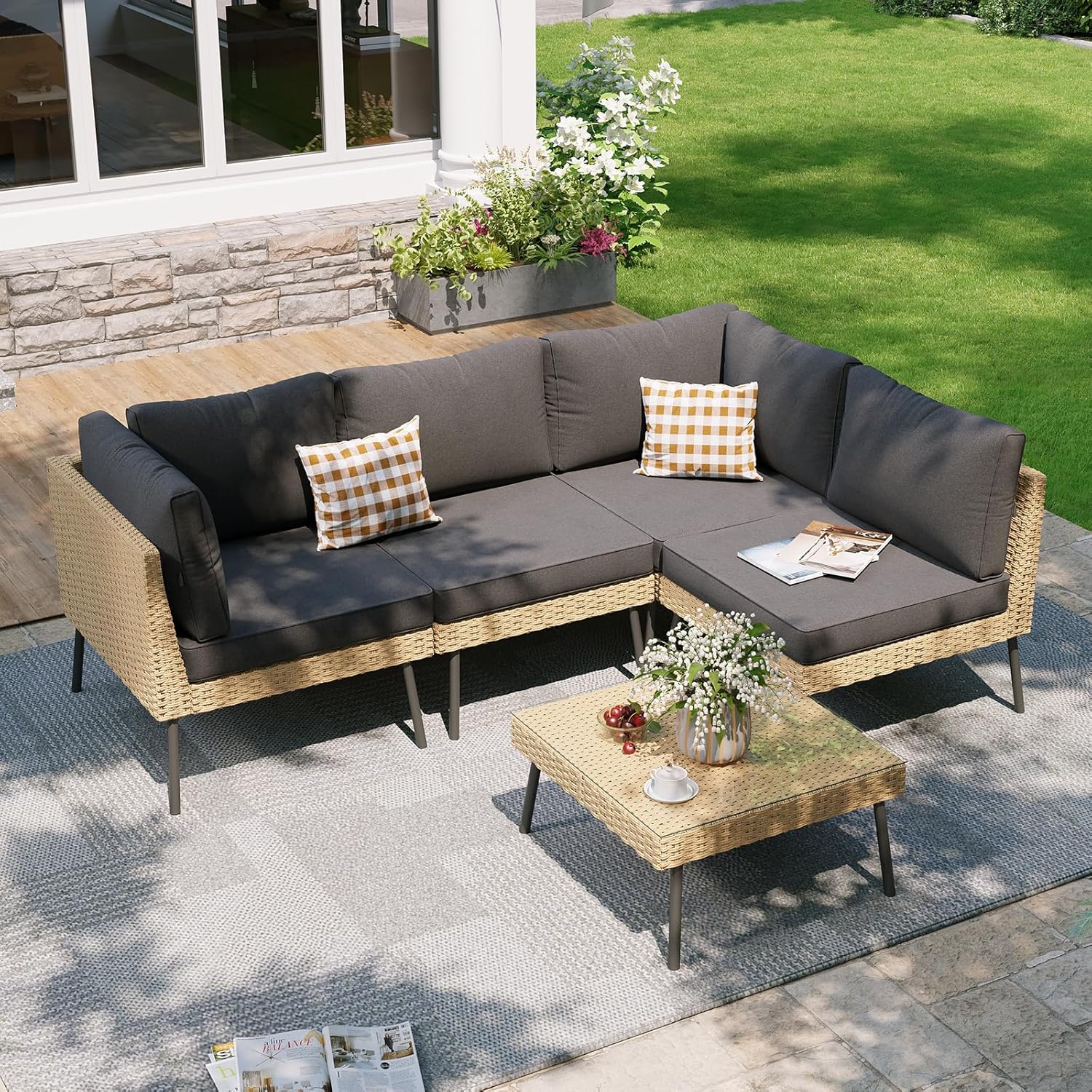 Aoxun 7-Piece Patio Furniture Set, Wicker Outdoor Furniture with Water Resistant Thick Cushions, Patio Conversation Set Outdoor Sectional Sofa with Coffee Table for Backyard Poolside