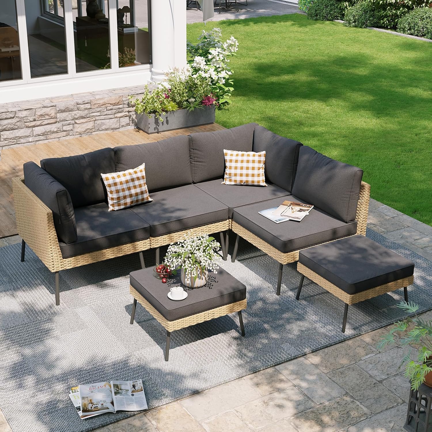 Aoxun 7-Piece Patio Furniture Set, Wicker Outdoor Furniture with Water Resistant Thick Cushions, Patio Conversation Set Outdoor Sectional Sofa with Coffee Table for Backyard Poolside
