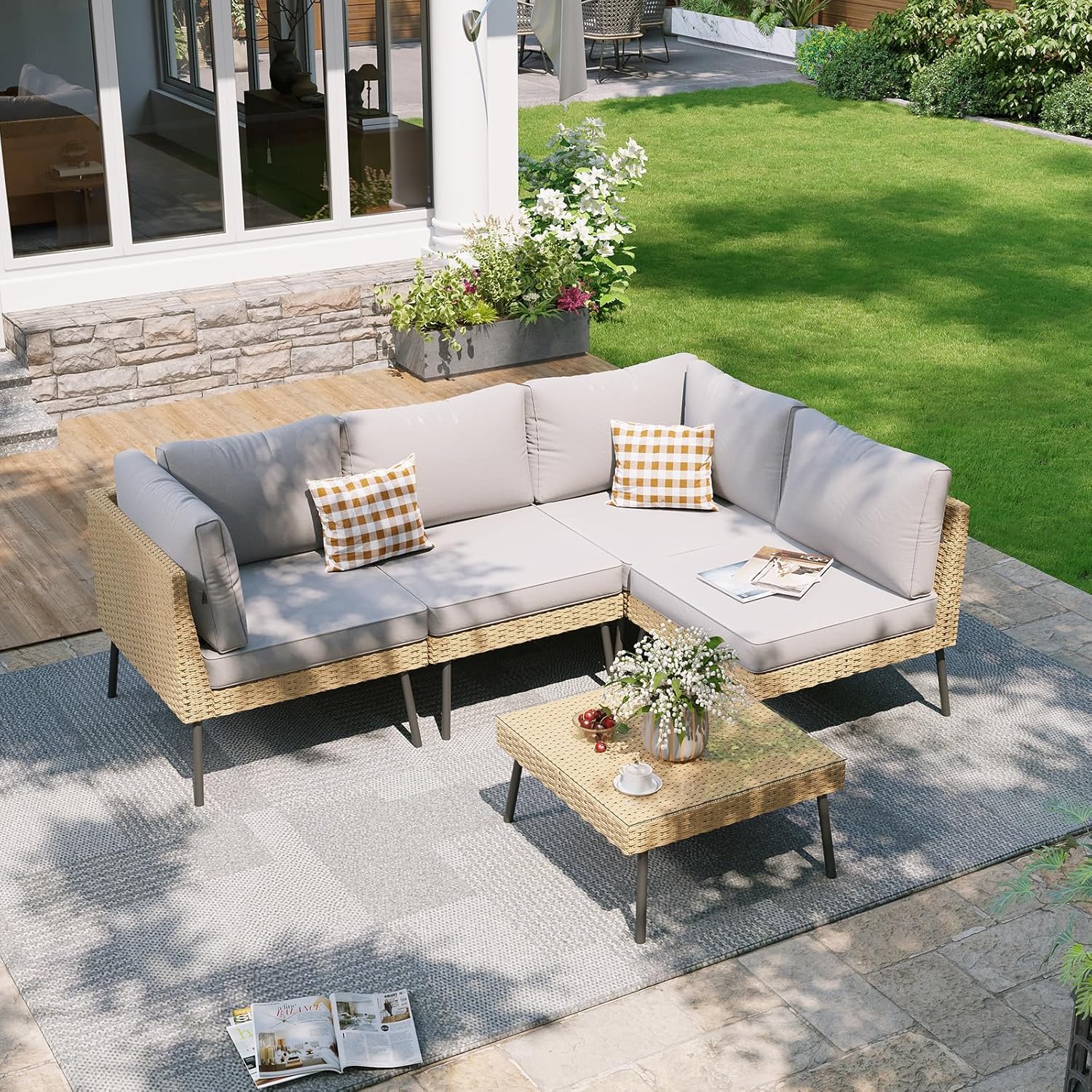 Aoxun 7-Piece Patio Furniture Set, Wicker Outdoor Furniture with Water Resistant Thick Cushions, Patio Conversation Set Outdoor Sectional Sofa with Coffee Table for Backyard Poolside
