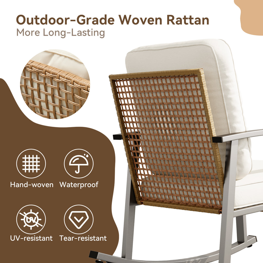 Aoxun 3 Piece Outdoor Rocking Chairs Bistro Set, Rattan Patio Furniture with Thick Cushions & 2-Tier Coffee Table, Patio Rocking Chairs Set of 2 for Garden, Porch