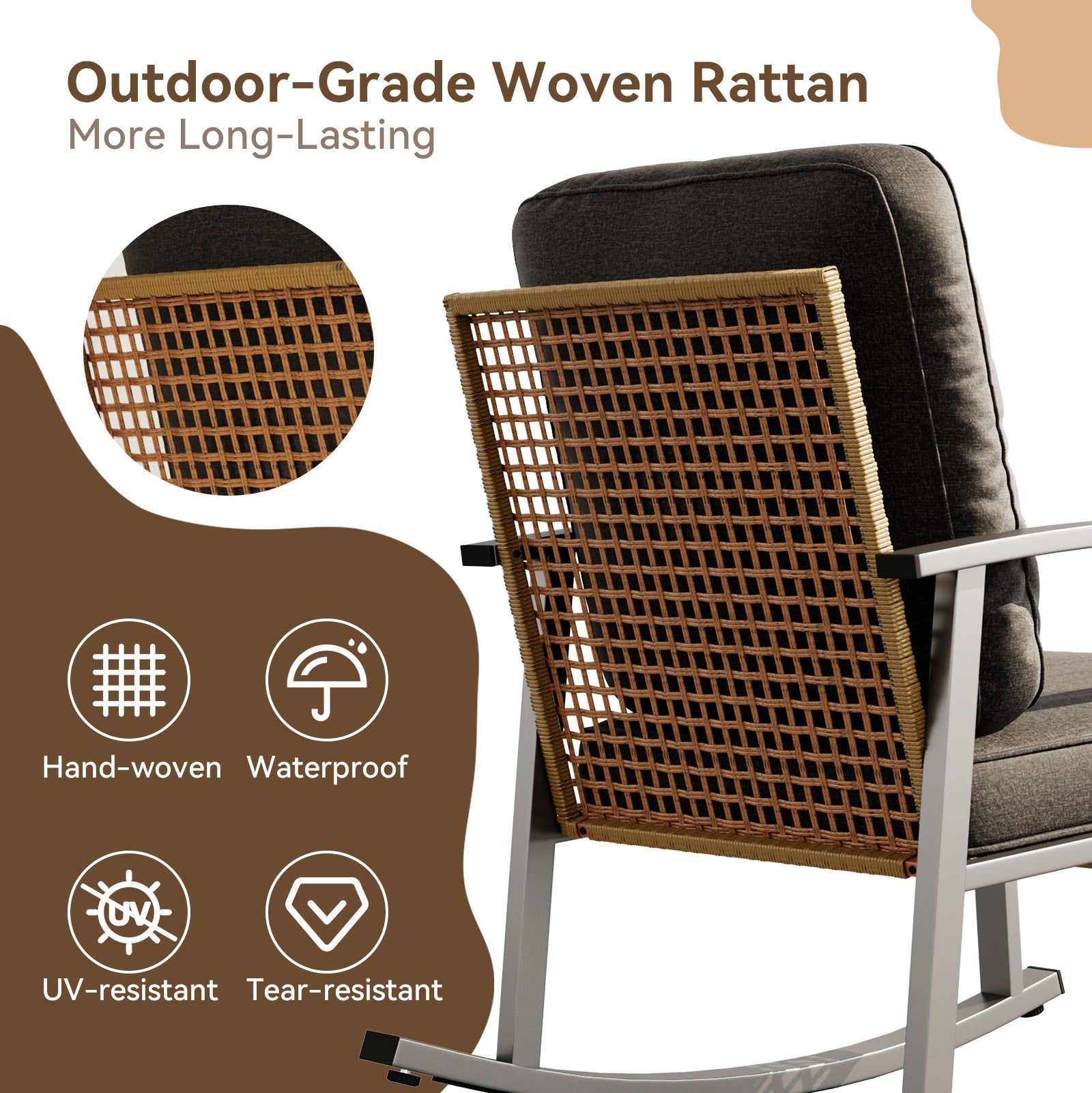 Aoxun 3 Piece Outdoor Rocking Chairs Bistro Set, Rattan Patio Furniture with Thick Cushions & 2-Tier Coffee Table, Patio Rocking Chairs Set of 2 for Garden, Porch