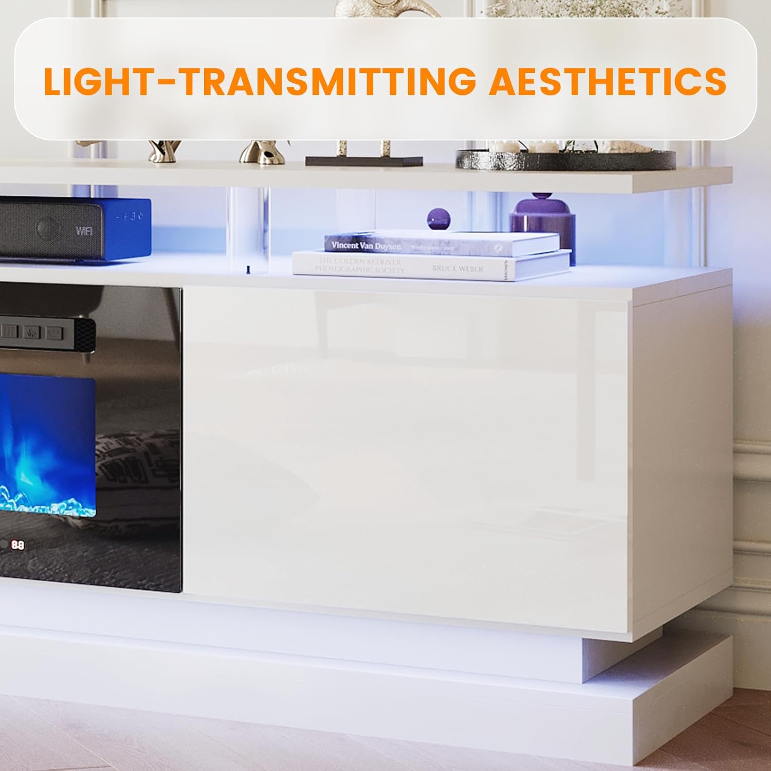 Breezestival 70" Fireplace TV Stand for TVs up to 80", Modern Entertainment Center with Black Fireplace and Storage, White