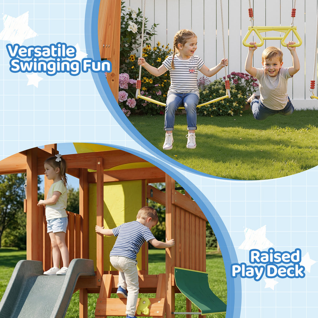 SunSwell Wooden Swing Sets for Backyard - Outdoor Playset with 8 FT Wave Slide, 2 Belt Swings, Play Deck, Monkey Bars, Rock Wall Ladder, Shaded Picnic Area, Snack Bar, Playground Sets,Green