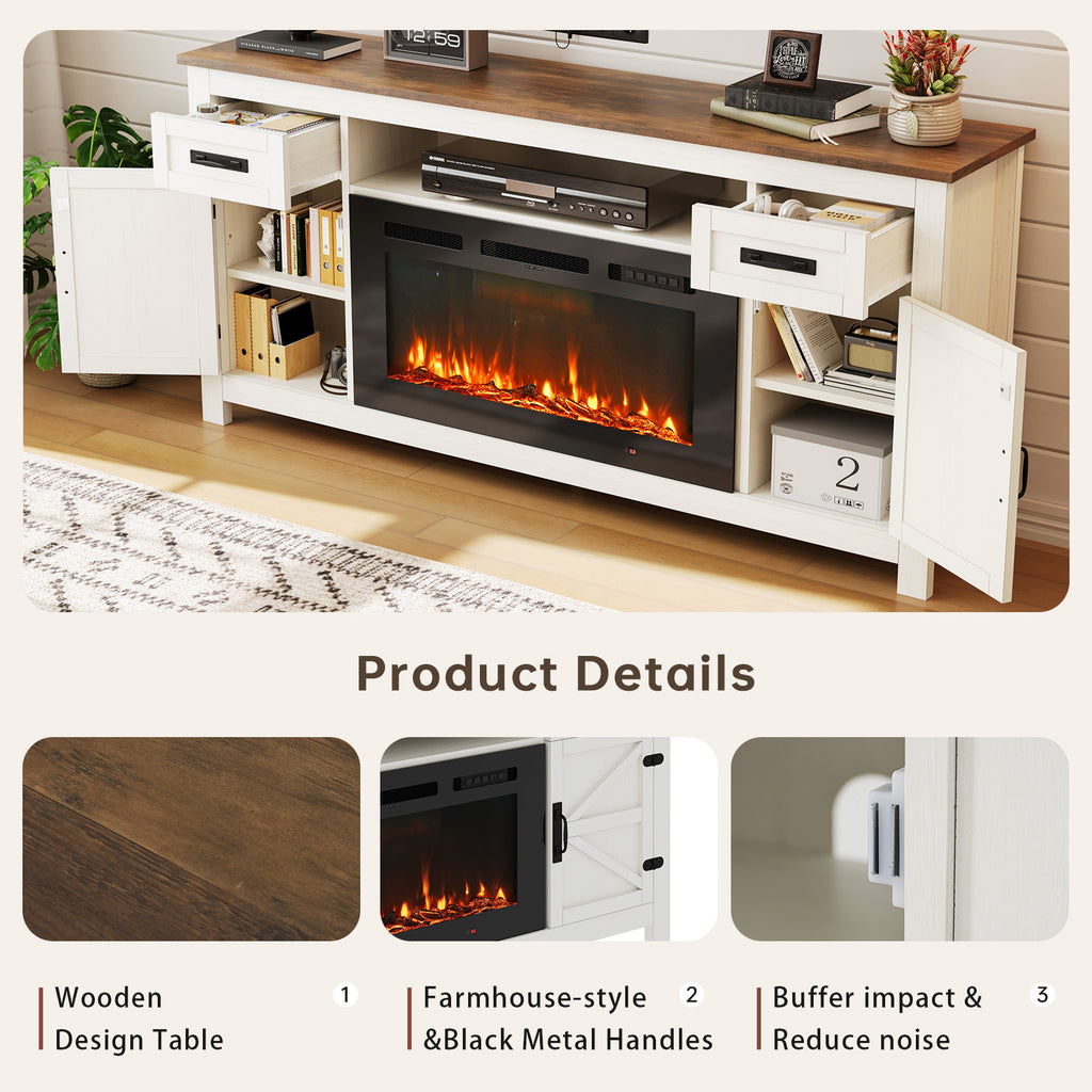 Nordivale Fireplace TV Stand with Barn Door for TVs up to 80", Farmhouse 70" Fireplace Entertainment Center with Storage Cabinets, White & Black