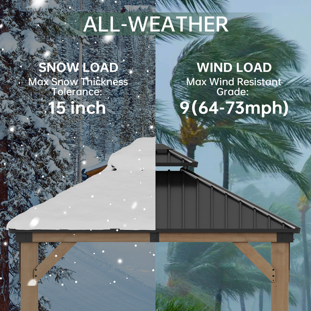 LET’S PATIO  Outdoor Double Roof Wood Gazebo, Hardtop Gazebo Permanent Wooden Pavilion with Galvanized Steel Double Top, for Patio, Garden, Deck