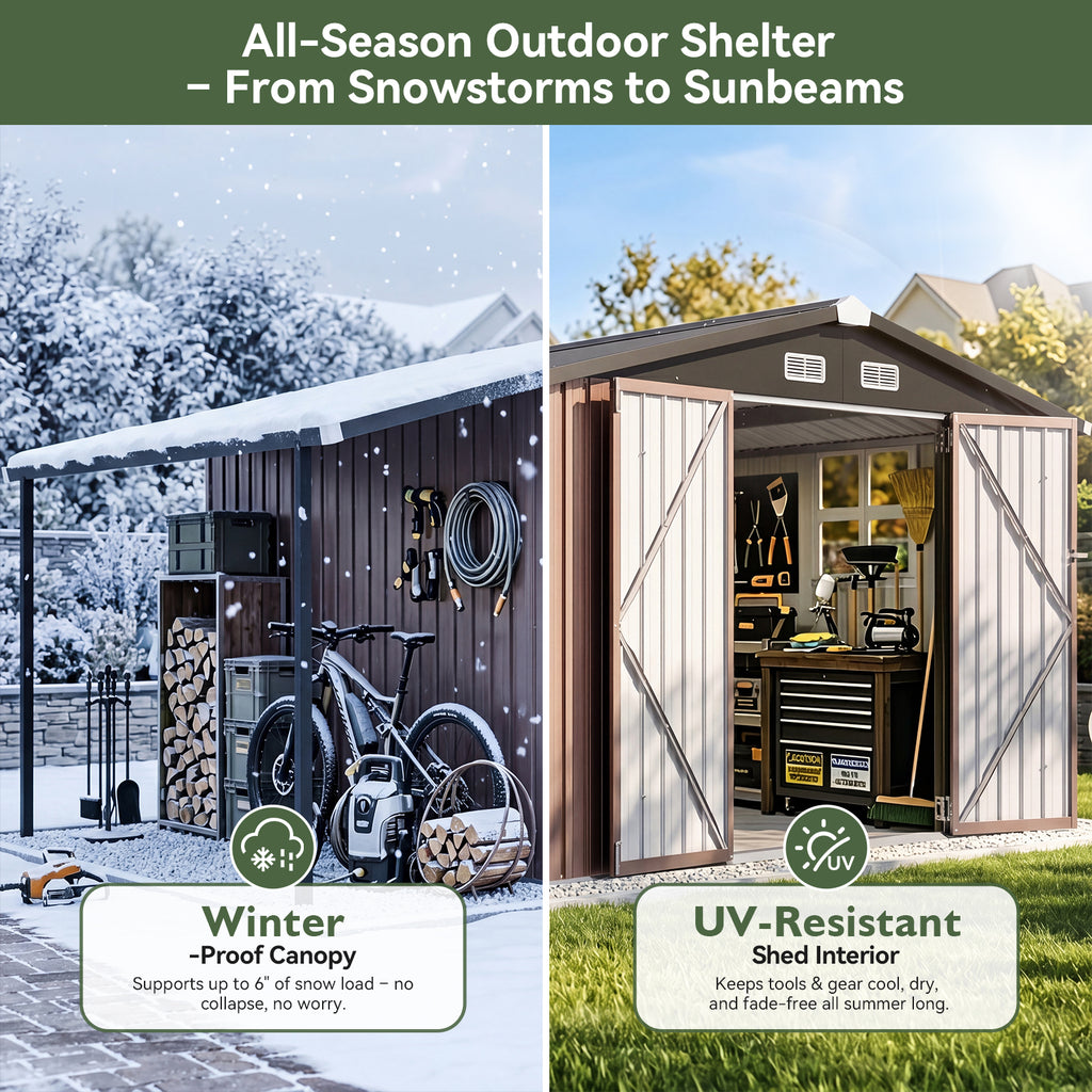 Aoxun 8x12 FT Outdoor Storage Shed Metal Sheds with Open Firewood Storage,Galvanized Steel Garden Shed with Lockable Doors,Sloped Roof,Windows, 2 in 1 Large Tool Shed for Patio, Backyard, Lawn (Brown)