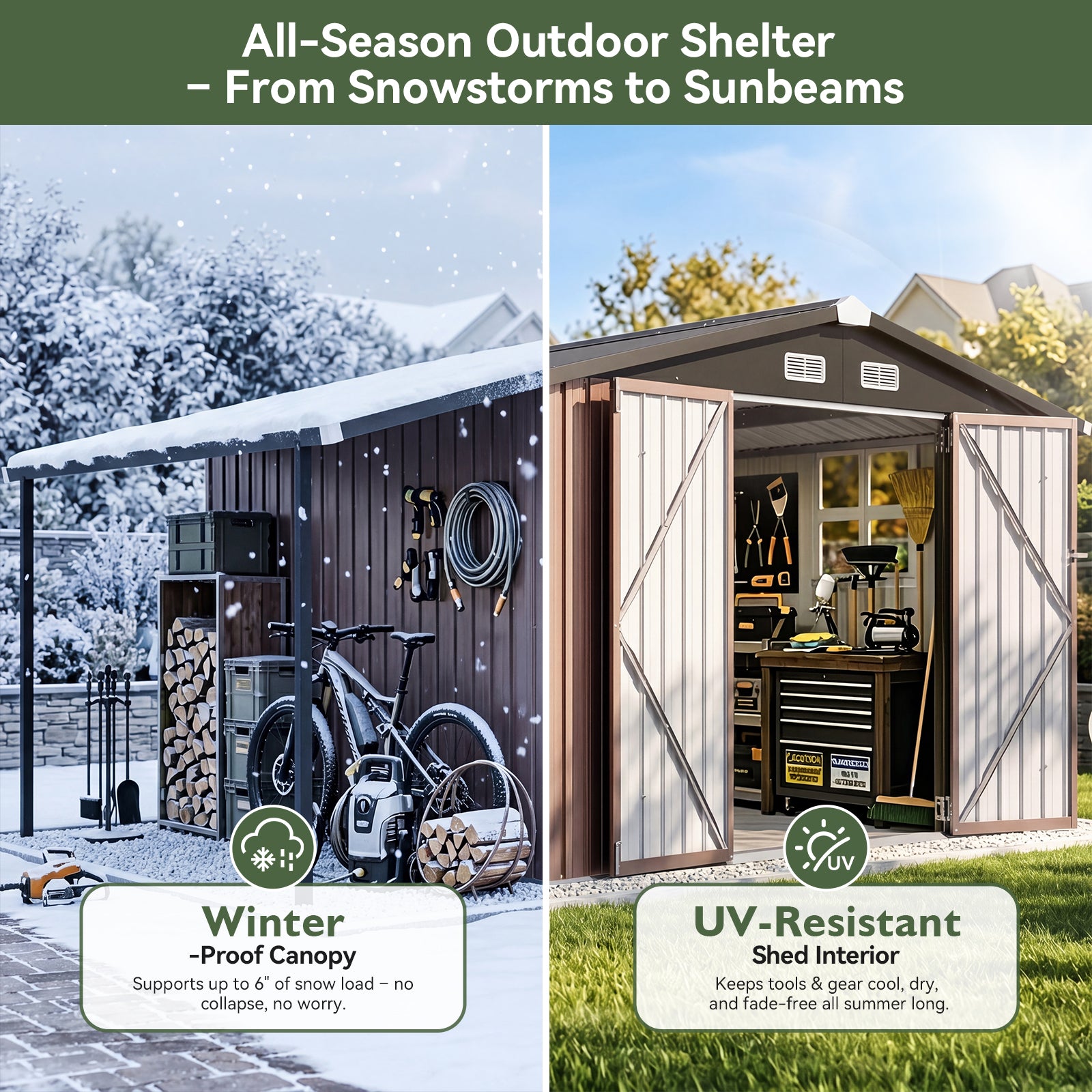 Aoxun 8x12 FT Outdoor Storage Shed Metal Sheds with Open Firewood Storage,Galvanized Steel Garden Shed with Lockable Doors,Sloped Roof,Windows, 2 in 1 Large Tool Shed for Patio, Backyard, Lawn (Brown)