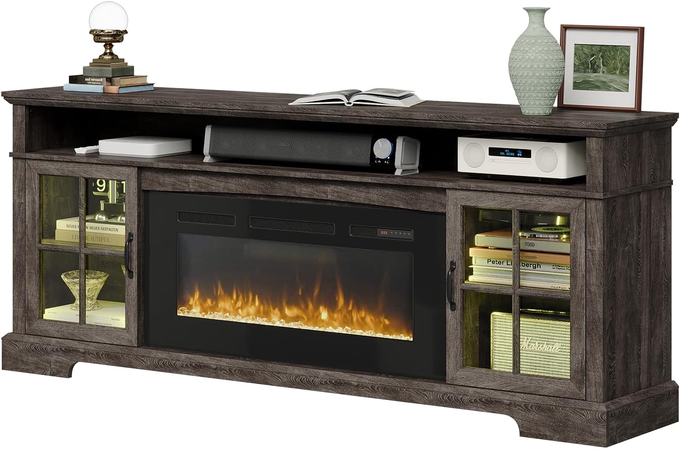 Nordivale 70" Fireplace TV Stand, Modern Entertainment Center for TVs Up to 80”, TV Console with Storage Cabinets, Media Console for Living Room, Gray...