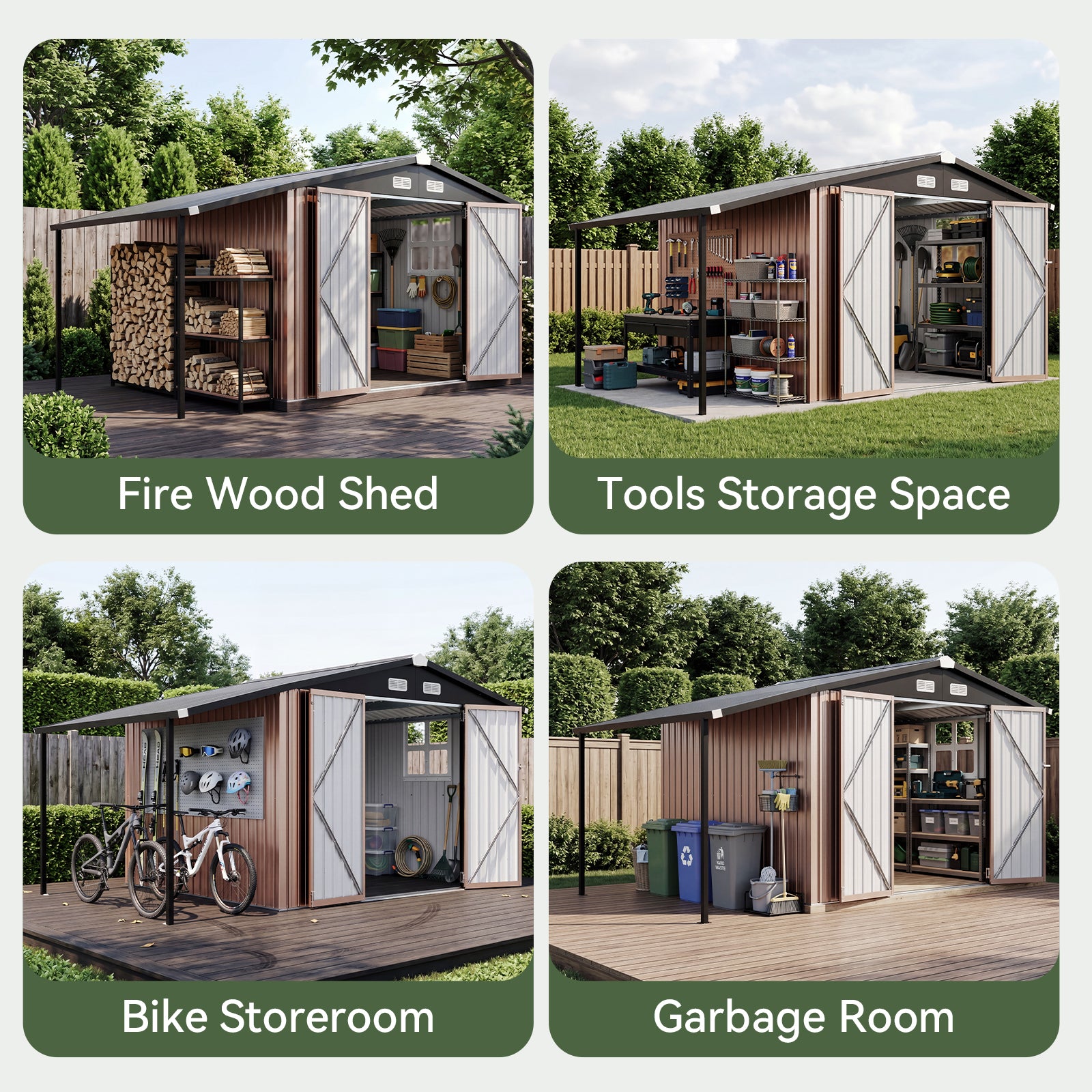 Aoxun 8x12 FT Outdoor Storage Shed Metal Sheds with Open Firewood Storage,Galvanized Steel Garden Shed with Lockable Doors,Sloped Roof,Windows, 2 in 1 Large Tool Shed for Patio, Backyard, Lawn (Brown)
