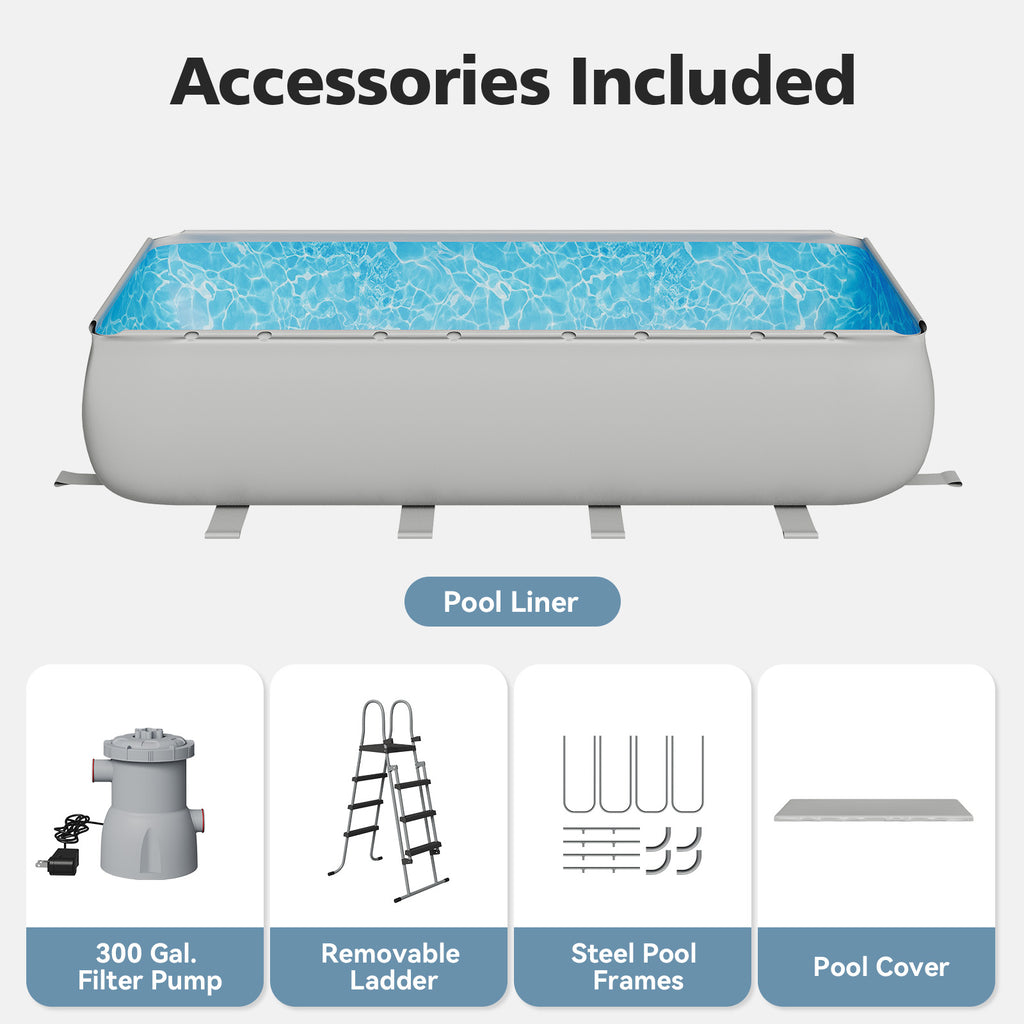 SunSwell 20' x 11' x 47" Rectangular Frame Pool Set with Removable Ladder and Sand Filter Pump, Large Swimming Pool for Backyard and Family, Gray