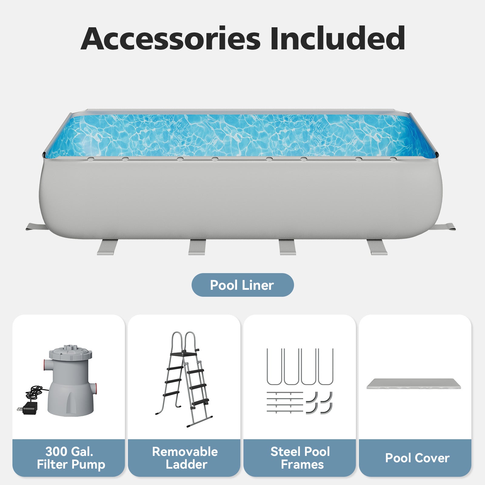 SunSwell 20' x 11' x 47" Rectangular Frame Pool Set with Removable Ladder and Sand Filter Pump, Large Swimming Pool for Backyard and Family, Gray