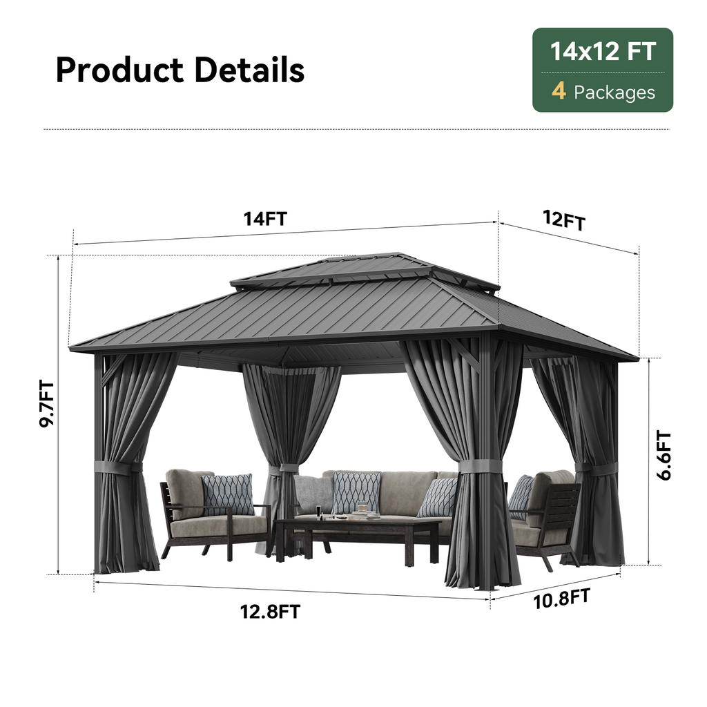 BinpLax 14x12FT Outdoor Gazebo - Heavy Duty Canopy Pavilion with Ventilated Double Roof, Patio Pergola with Netting for Pavilion for Party, Outdoor Dining, Wedding, Gray
