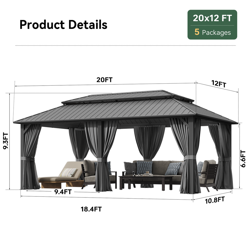 BinpLax 20x12FT Outdoor Gazebo - Hardtop Pergolas for Patios with Curtains and Netting Included, Permanent Gazebo Pavilion with Double Galvanized Steel Roof for Party, Outdoor Dining, Wedding, Gray