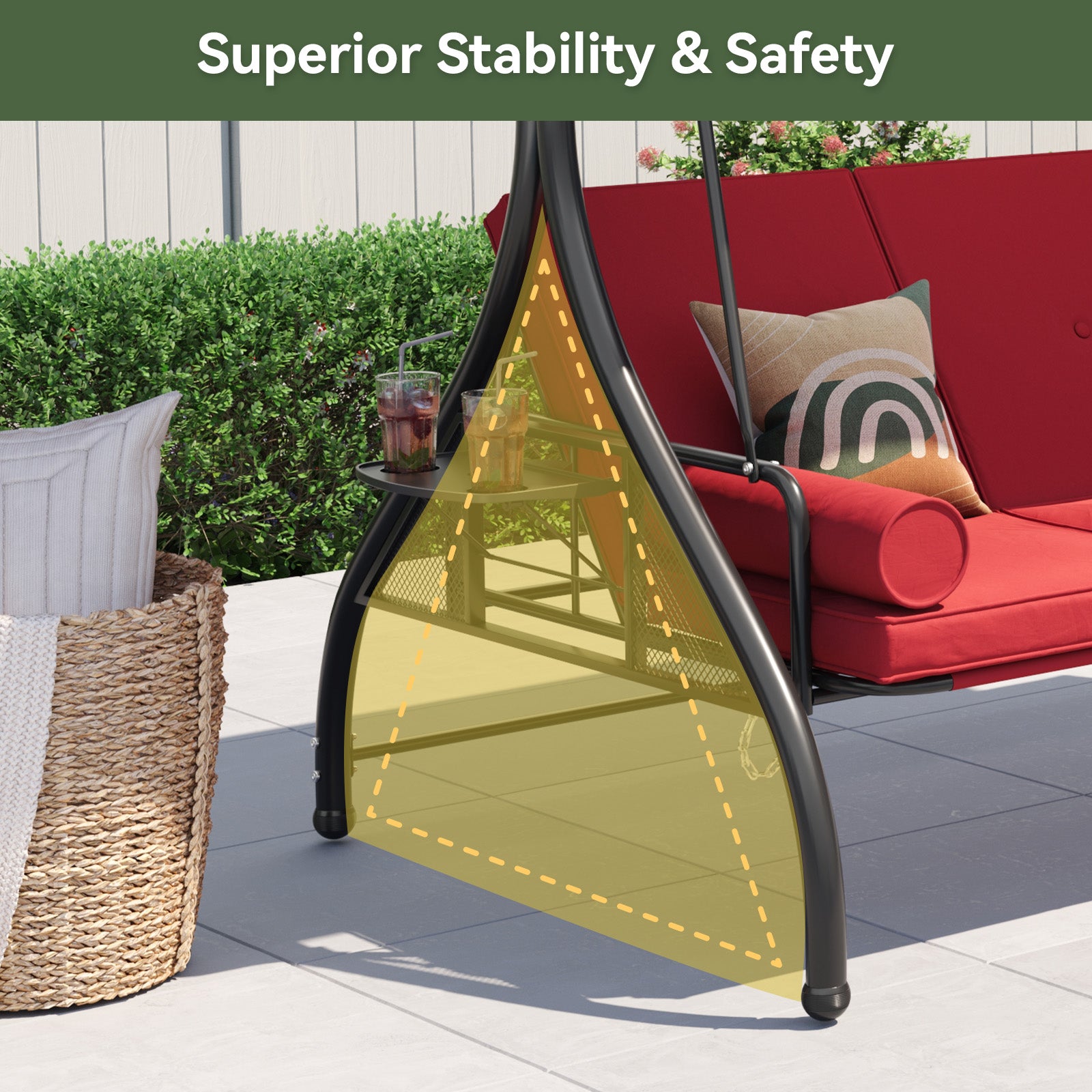 Aoxun Outdoor Porch Swing with Stand and Canopy, 3 Seats Outdoor Swings for Adults, Convertible 2 in 1 Swing Bed with Cup Holder, Patio Swings with Thicken Cushions for Garden, Yard & Balcony
