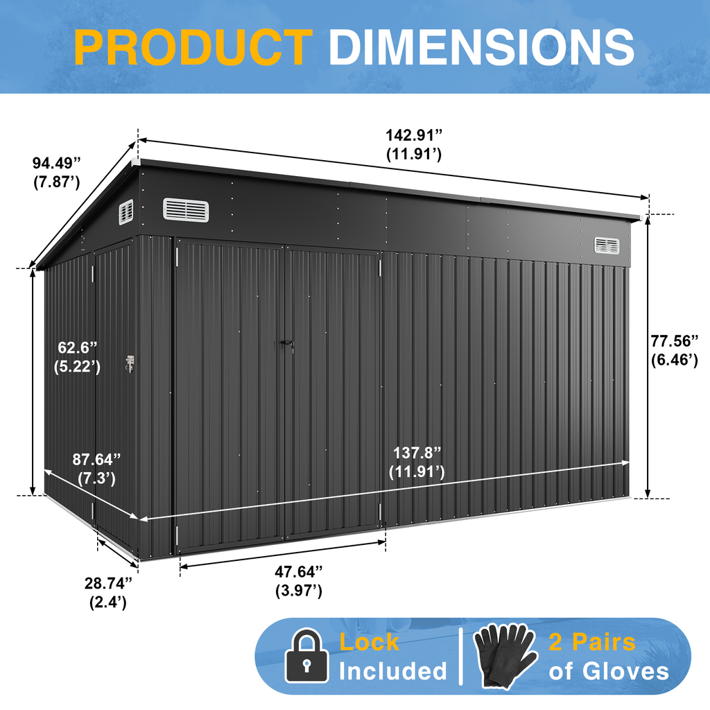 Breezestival 8'x12' Outdoor Lean to Storage Shed with Triple Doors Utility Galvanized Steel Sheds for Vertical Storage, Dual Lock Metal Shed with Sloped Roof for Mower,Bike,Garden Tools (Black)