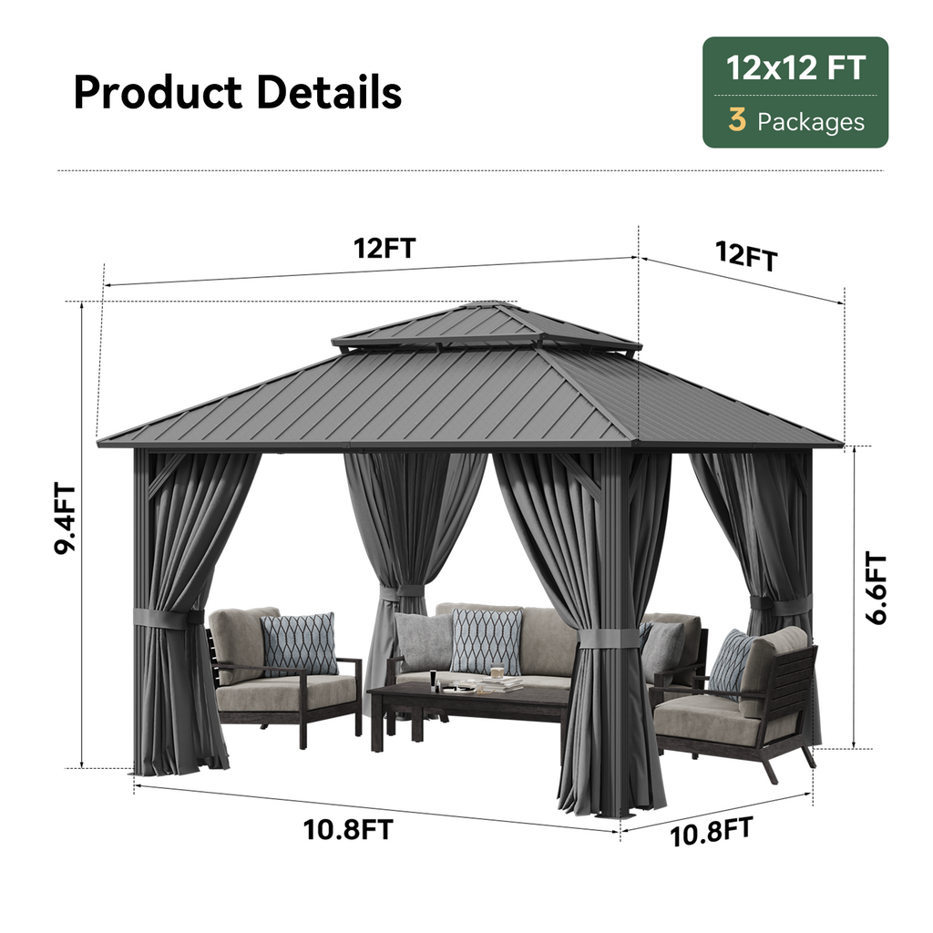BinpLax 12x12FT Outdoor Gazebo - Hardtop Pergolas for Patios with Curtains and Netting Included, Permanent Gazebo Pavilion with Double Galvanized Steel Roof for Party, Outdoor Dining, Wedding, Gray