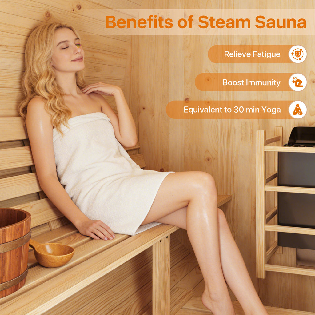 Aoxun Outdoor Barrel Sauna, 4-6 Person Tradition Wood Dry＆Steam Sauna with Sauna Stone, 220V/6KW Electric Heater