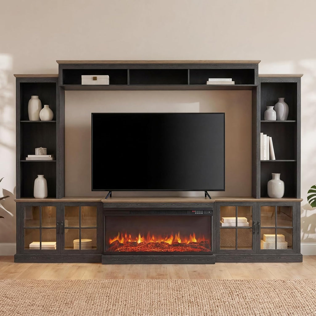 Breezestival Black Farmhouse TV Stand with Fireplace, Entertainment Center, 98" Wall Unit Media Console with Bookshelf, Cabinet &amp; Power Outlets &amp; Barn Doors, Fits TVs Up to 75” for Living Room
