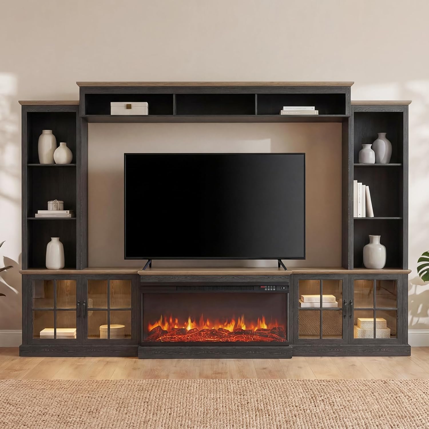 Breezestival Black Farmhouse TV Stand with Fireplace, Entertainment Center, 98" Wall Unit Media Console with Bookshelf, Cabinet &amp; Power Outlets &amp; Barn Doors, Fits TVs Up to 75” for Living Room