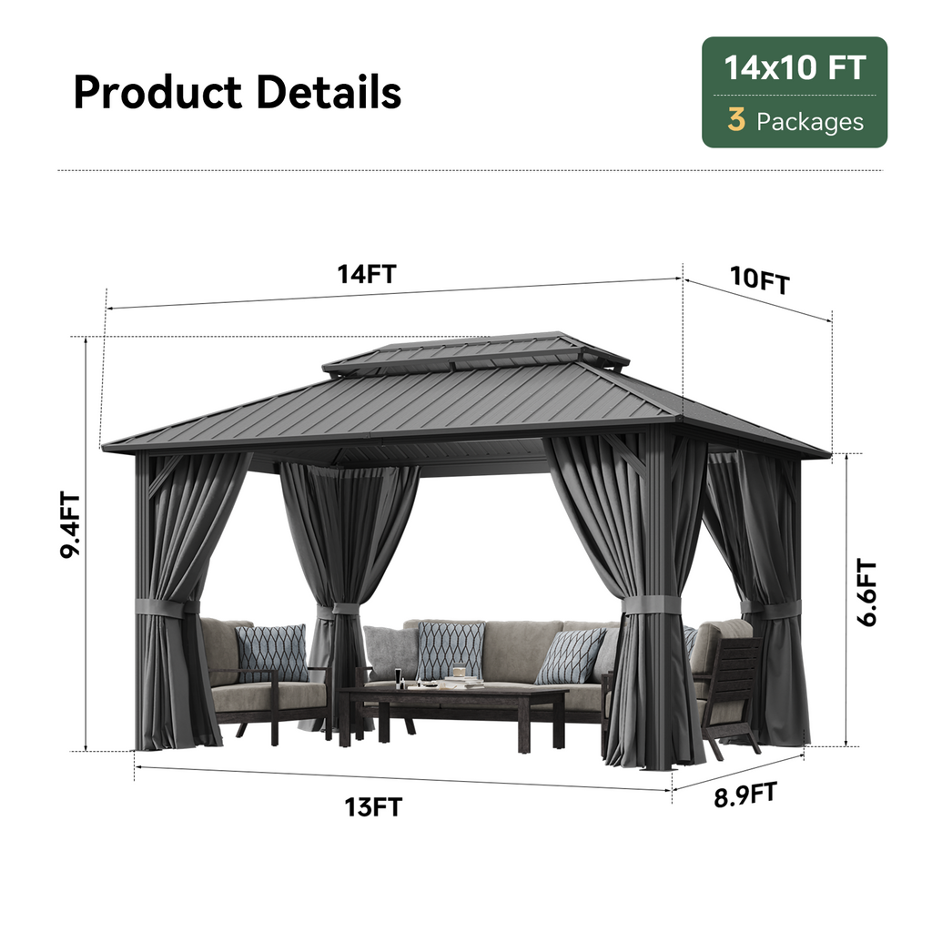 BinpLax 14x10FT Outdoor Gazebo - Hardtop Pergolas for Patios with Curtains and Netting Included, Permanent Gazebo Pavilion with Double Galvanized Steel Roof for Party, Outdoor Dining, Wedding, Gray