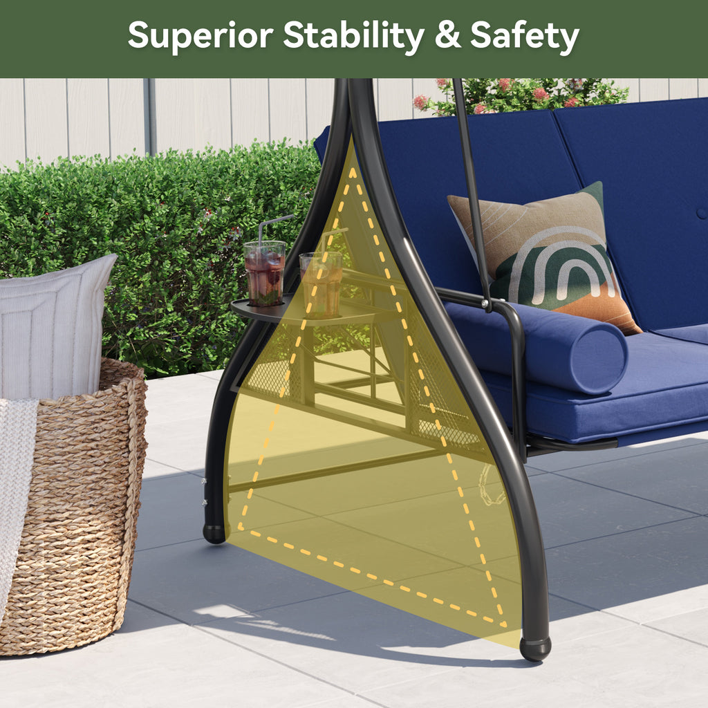 Aoxun Outdoor Porch Swing with Stand and Canopy, 3 Seats Outdoor Swings for Adults, Convertible 2 in 1 Swing Bed with Cup Holder, Patio Swings with Thicken Cushions for Garden, Yard & Balcony