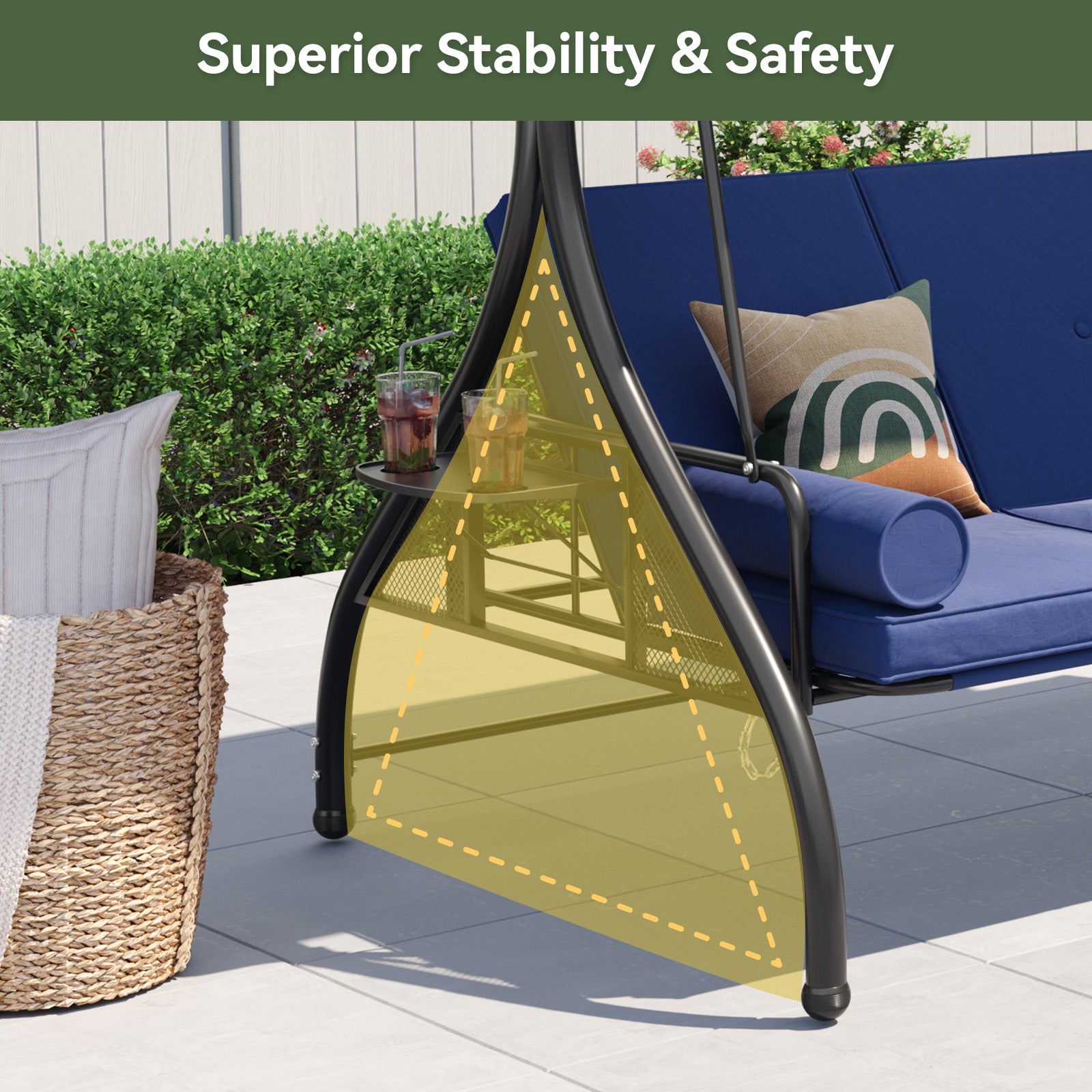 Aoxun Outdoor Porch Swing with Stand and Canopy, 3 Seats Outdoor Swings for Adults, Convertible 2 in 1 Swing Bed with Cup Holder, Patio Swings with Thicken Cushions for Garden, Yard & Balcony