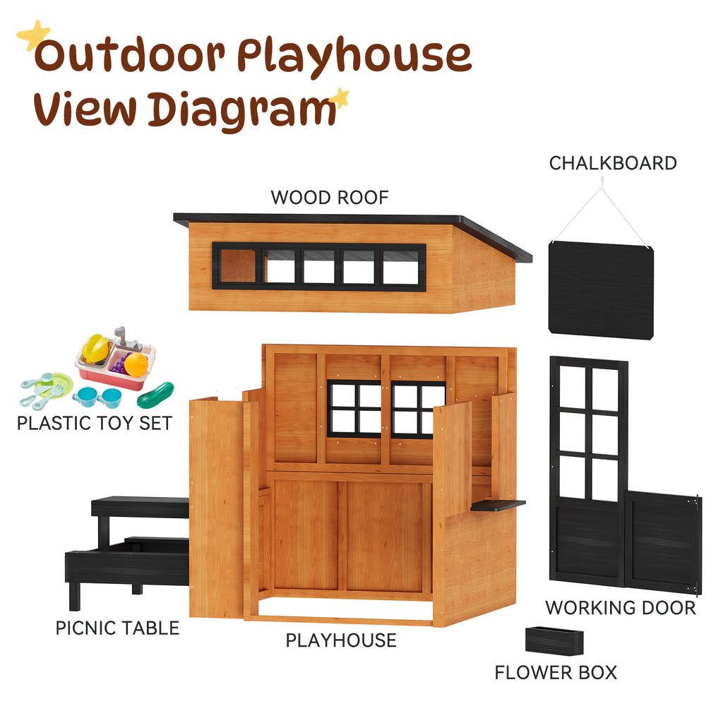Outdoor Playhouse - Modern Fir Wooden Playhouse for Kids Outdoor with Play Kitchen, Outside Table, Chalkboard, Half Door, Windows, Flower Box, Indoor Outdoor Imaginative Play for Ages 3-8,