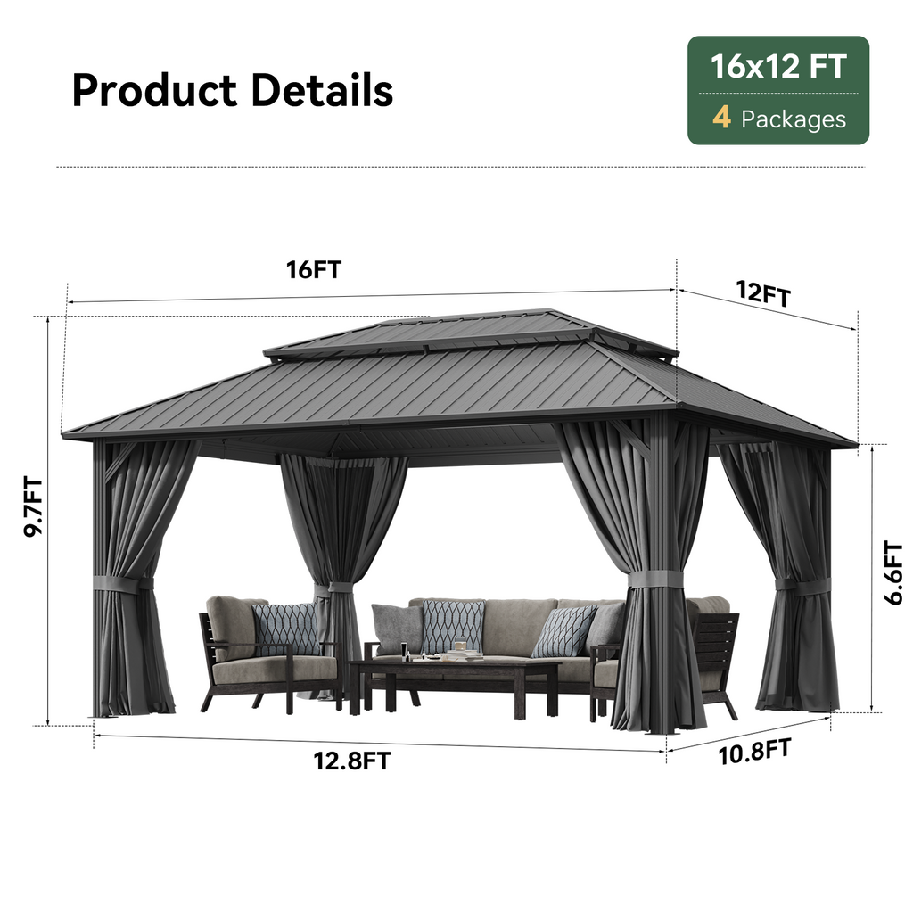 BinpLax 16x12FT Outdoor Gazebo - Heavy Duty Canopy Pavilion with Ventilated Double Roof, Patio Pergola with Netting for Pavilion for Party, Outdoor Dining, Wedding, Gray