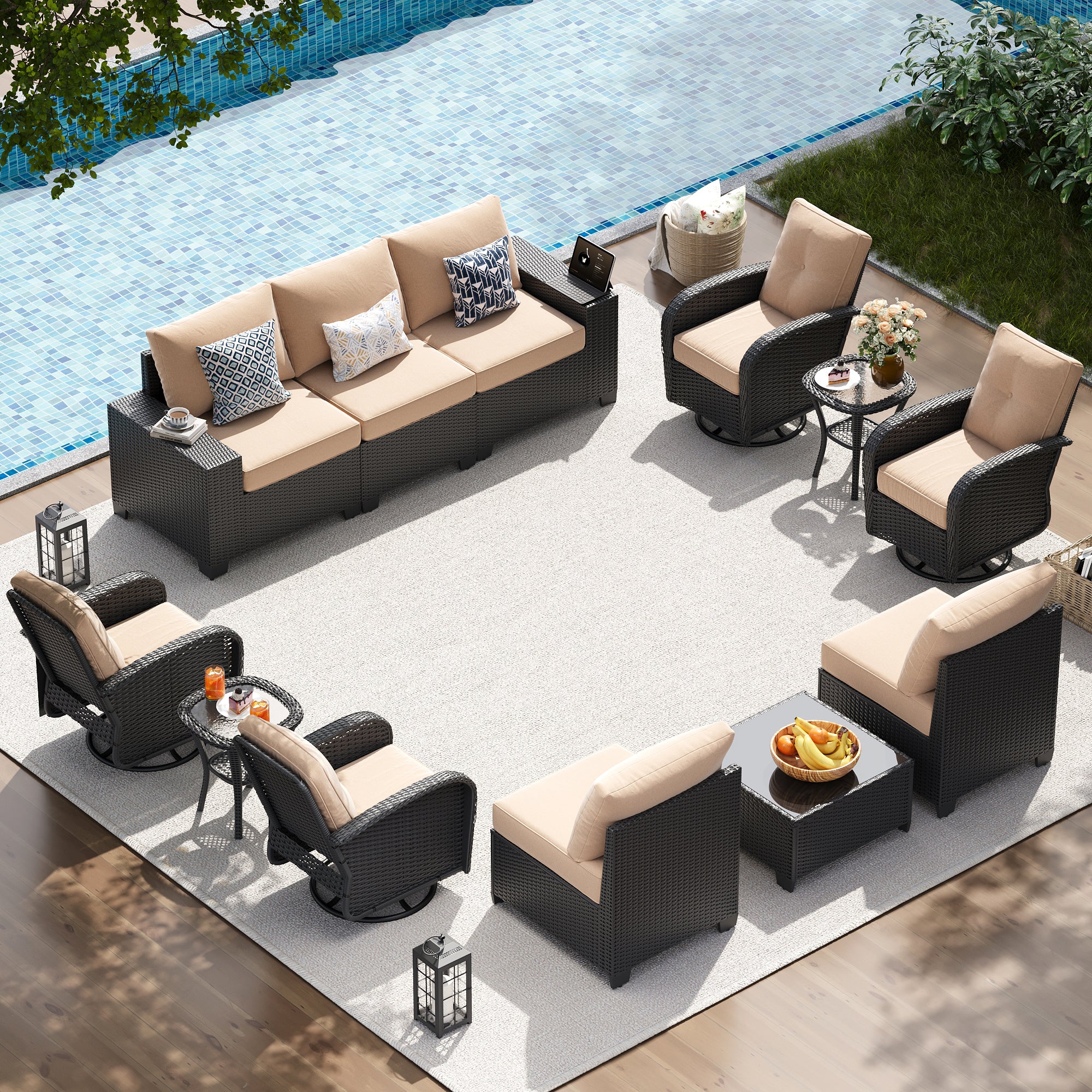 LazySunsets Patio Furniture Set, Outdoor Sectional All-Weather Wicker Conversation Set with Swivel Rocker Chairs, 4'' Thick Cushions for Backyard Poolside