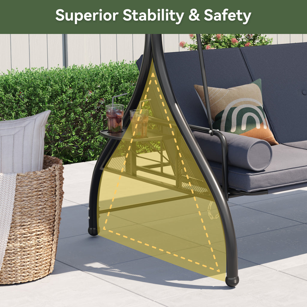 Aoxun Outdoor Porch Swing with Stand and Canopy, 3 Seats Outdoor Swings for Adults, Convertible 2 in 1 Swing Bed with Cup Holder, Patio Swings with Thicken Cushions for Garden, Yard & Balcony