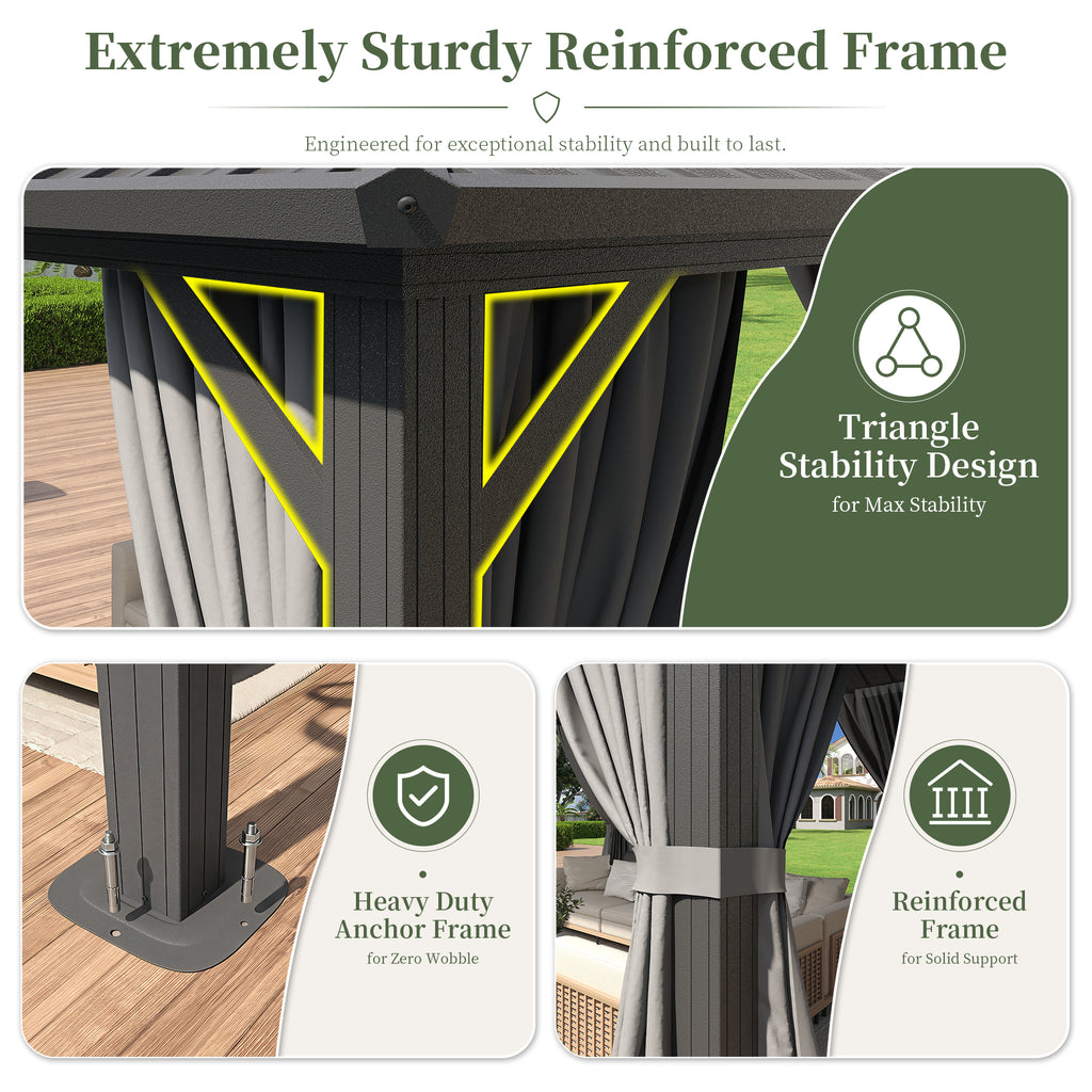 Aoxun 10'x12' Hardtop Gazebo with 4 LED Lights, Outdoor Gazebo with Galvanized Steel Double Roof, Patio Gazebo with Breathable Netting & Privacy Curtain, Decor Hooks for Backyard, Gray