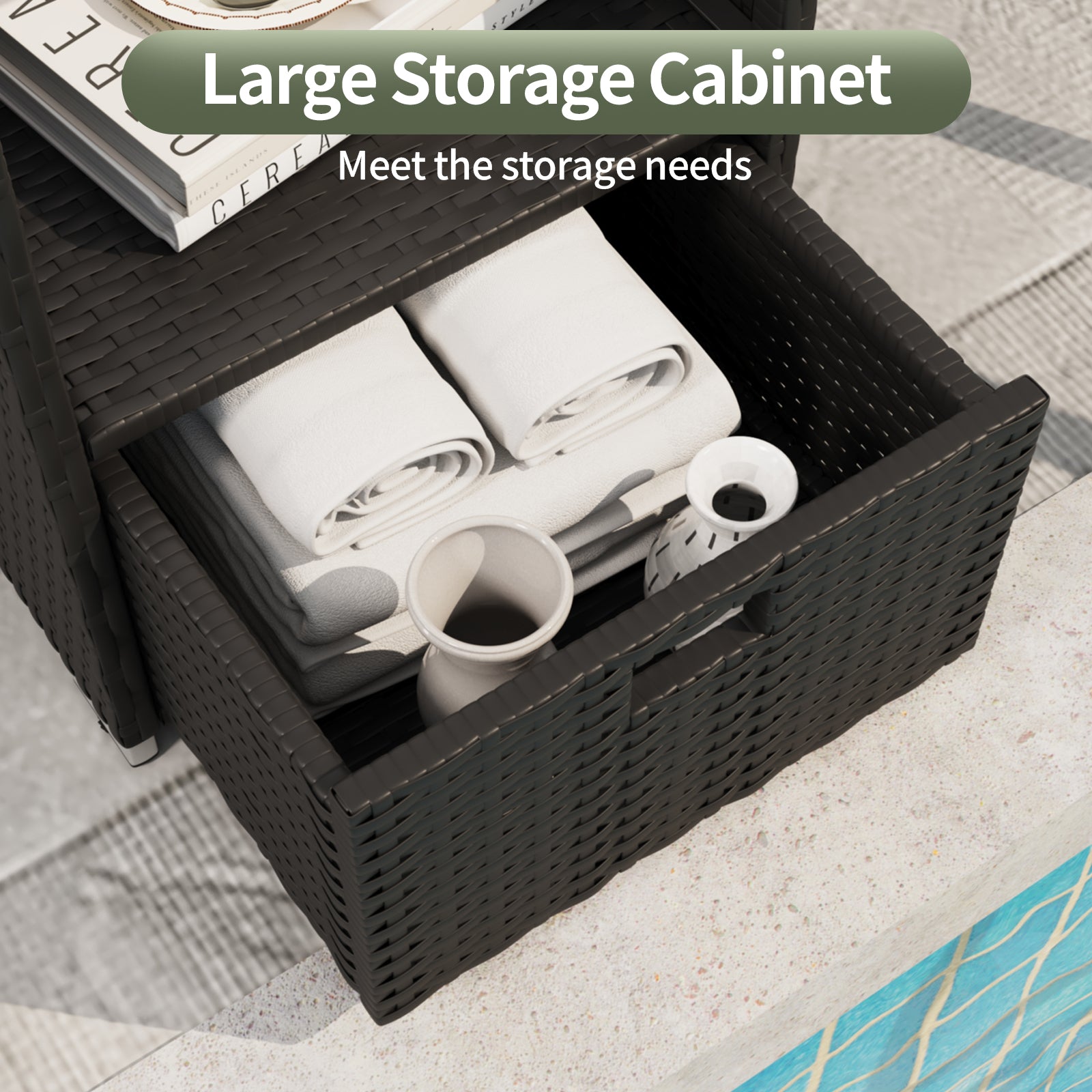 SunSwell Rattan Outdoor Pool Towel Rack Cabinet, Wicker Pool Storage Bins Storage Organizer, 2 Layer Shelf Hot Tub Spa Accessories