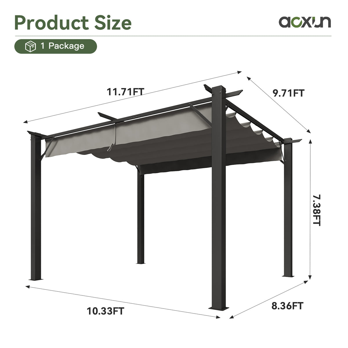 Aoxun 10'x12' Retractable Pergola, Heavy Duty Metal Frame Outdoor Pergola with Adjustable Sun Shade Canopy, Multi-Purpose Grape Trellis Shelter for Backyard, Garden, Deck, Patio & Lawn,Gray