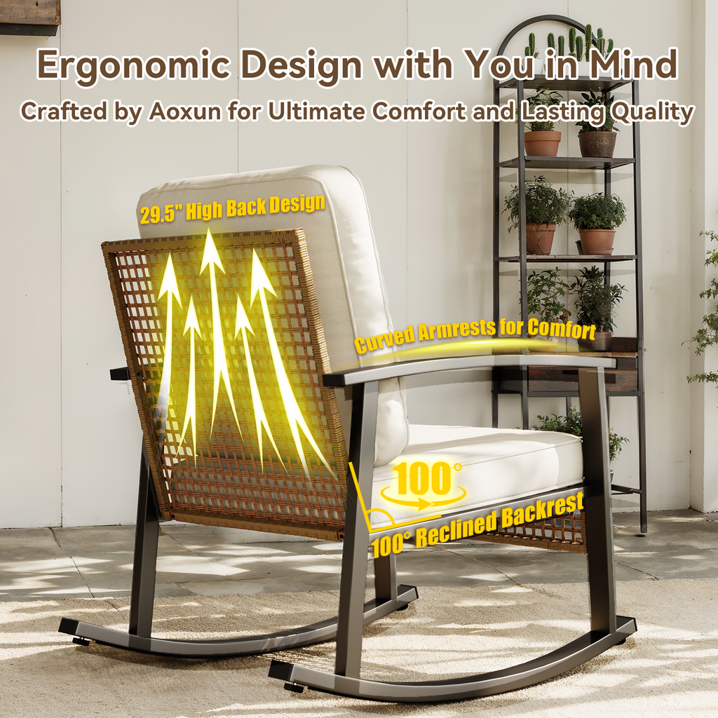 Aoxun 3 Piece Outdoor Rocking Chairs Bistro Set, Rattan Patio Furniture with Thick Cushions & 2-Tier Coffee Table, Patio Rocking Chairs Set of 2 for Garden, Porch