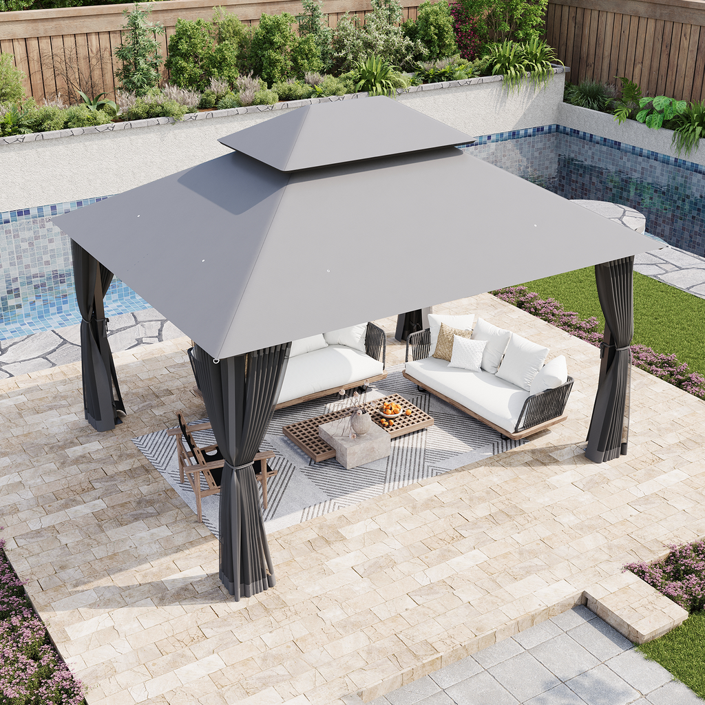 Aoxun 12x10 Outdoor Gazebo for Patio, Metal Frame Canopy with Double Roofs, Heavy Duty Party Tent and Shelter with Mosquito Netting and Privacy Screen for Backyard, Lawn, Garden, Deck（Gray）