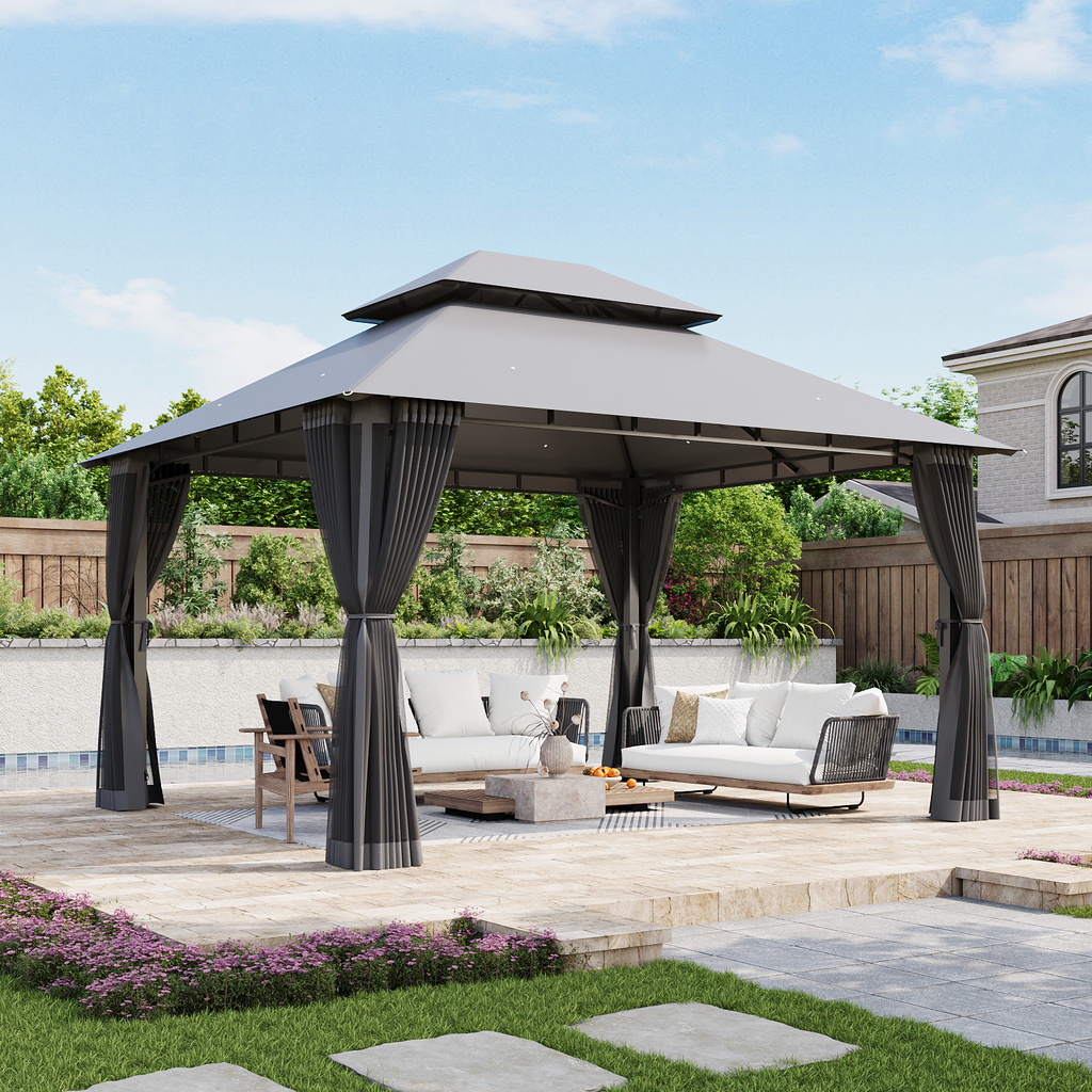 Aoxun 12x10 Outdoor Gazebo for Patio, Metal Frame Canopy with Double Roofs, Heavy Duty Party Tent and Shelter with Mosquito Netting and Privacy Screen for Backyard, Lawn, Garden, Deck（Gray）