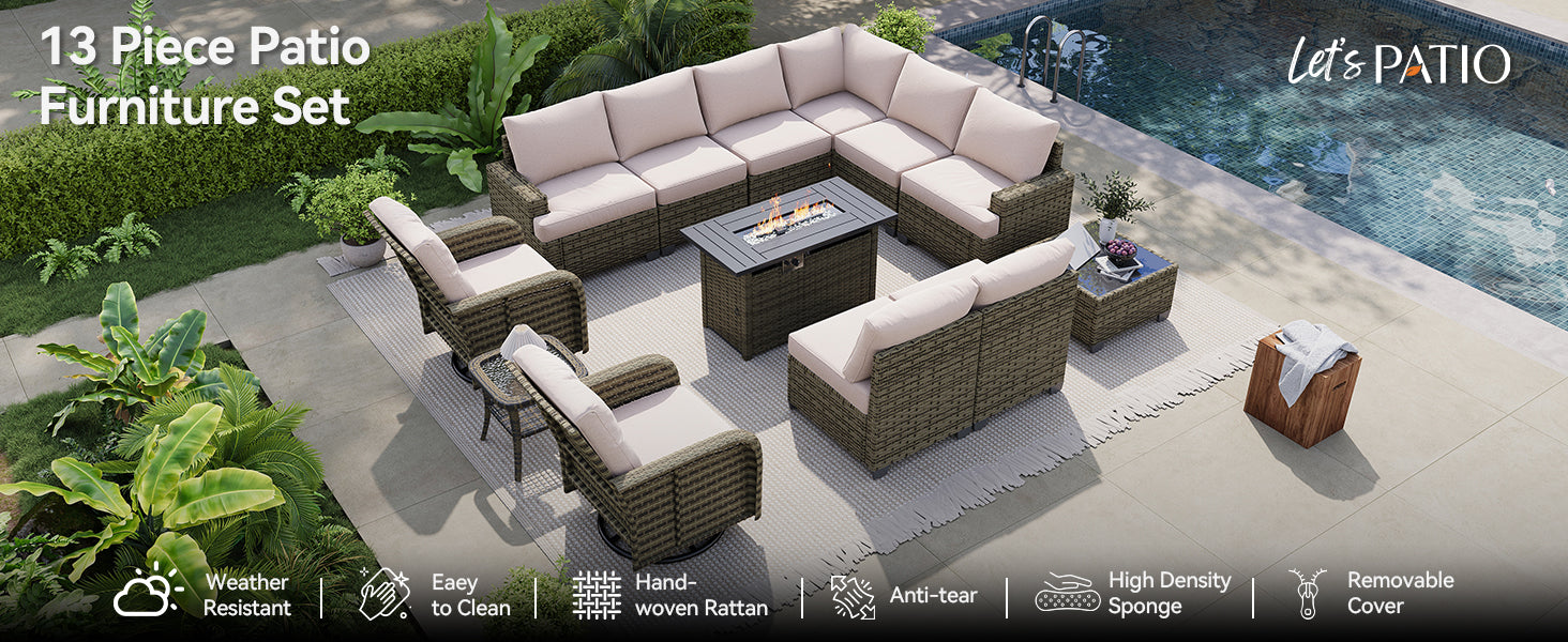 LET'S PATIO Luxury Patio Furniture Set with Fire Pit Table，13 Piece Outdoor Furniture Sectional Set with Swivel Rocker Chairs of 2，All-Weather Patio Sectional Sofas with Thickened Cushions, Beige