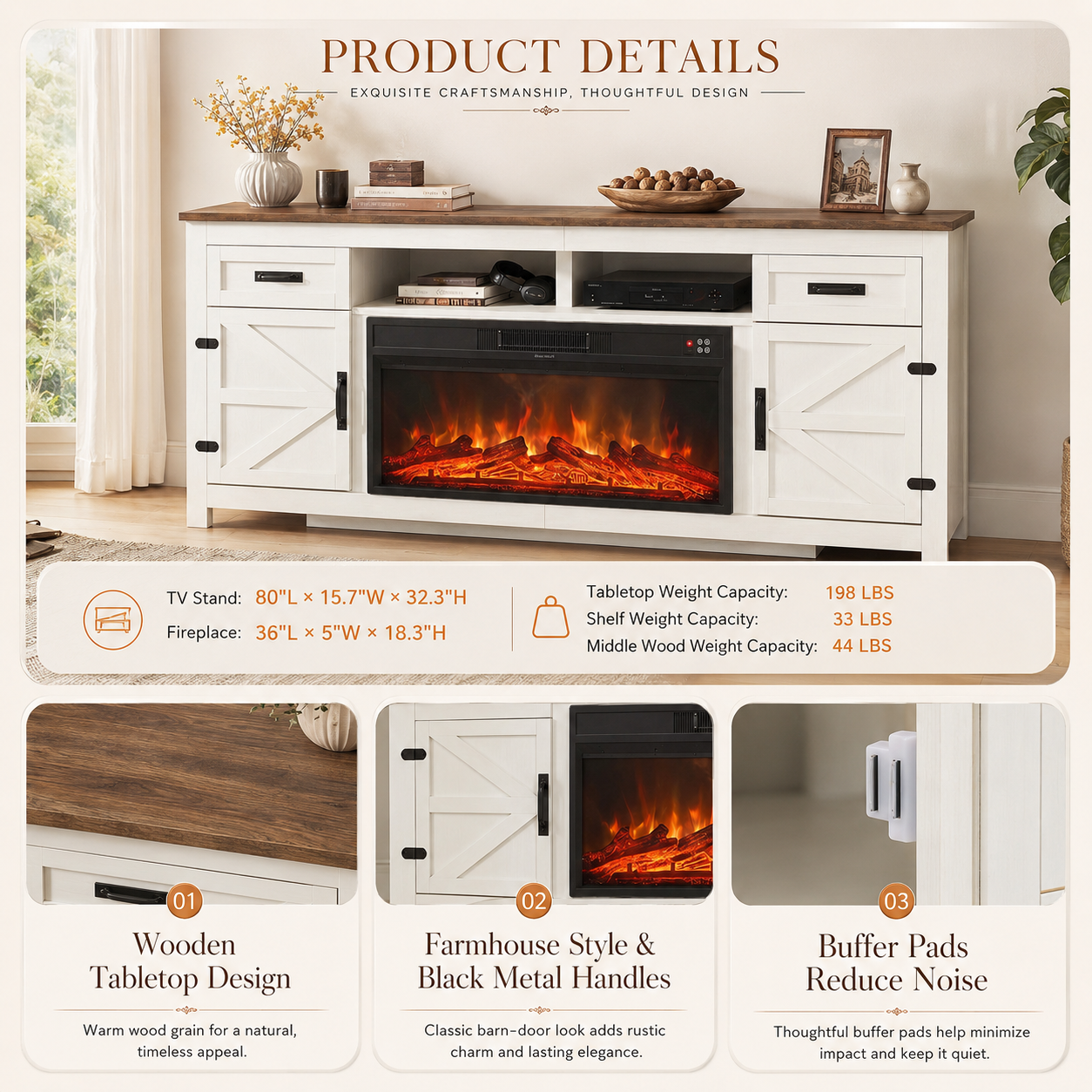 Fireplace TV Stand with Barn Door for TVs up to 90", Farmhouse Fireplace Entertainment Center with Storage Cabinets, 80 inch, White & Black