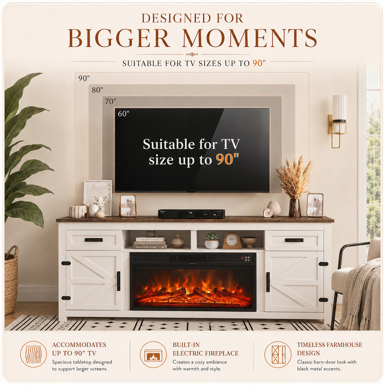 Fireplace TV Stand with Barn Door for TVs up to 90", Farmhouse Fireplace Entertainment Center with Storage Cabinets, 80 inch, White & Black