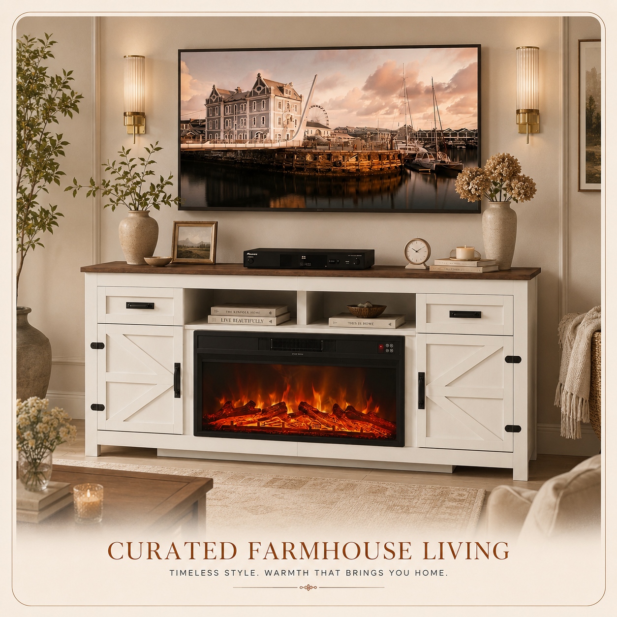 Fireplace TV Stand with Barn Door for TVs up to 90", Farmhouse Fireplace Entertainment Center with Storage Cabinets, 80 inch, White & Black