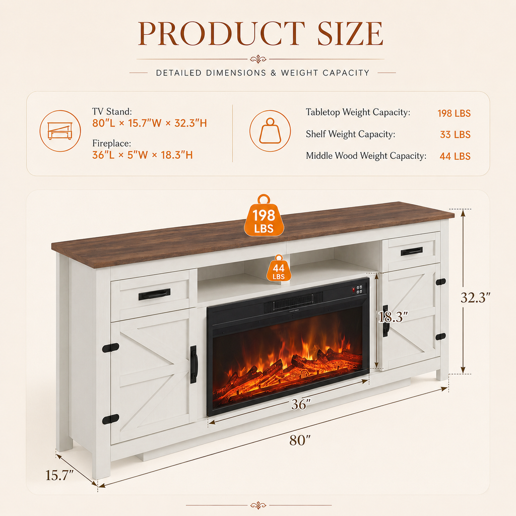 Fireplace TV Stand with Barn Door for TVs up to 90", Farmhouse Fireplace Entertainment Center with Storage Cabinets, 80 inch, White & Black