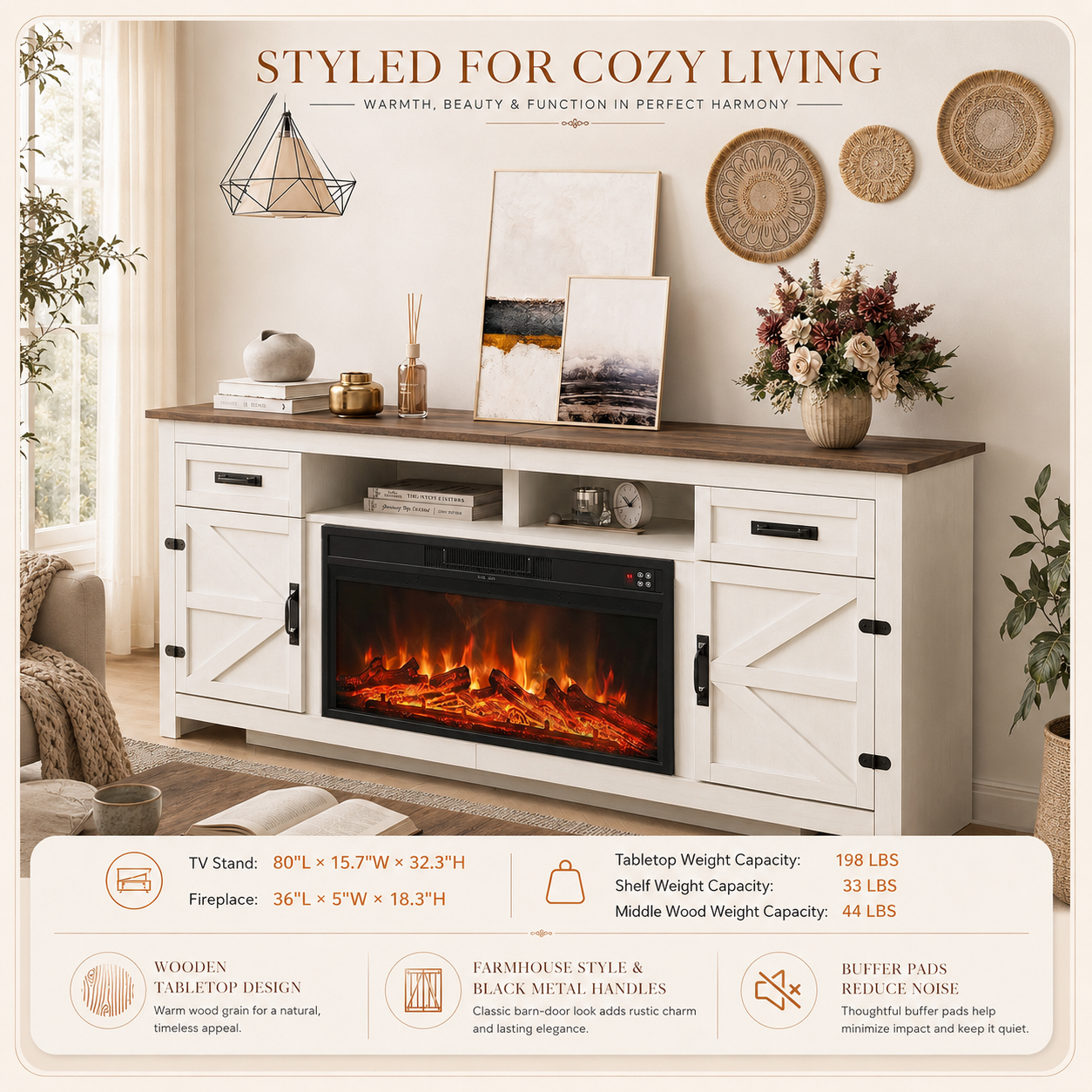 Fireplace TV Stand with Barn Door for TVs up to 90", Farmhouse Fireplace Entertainment Center with Storage Cabinets, 80 inch, White & Black