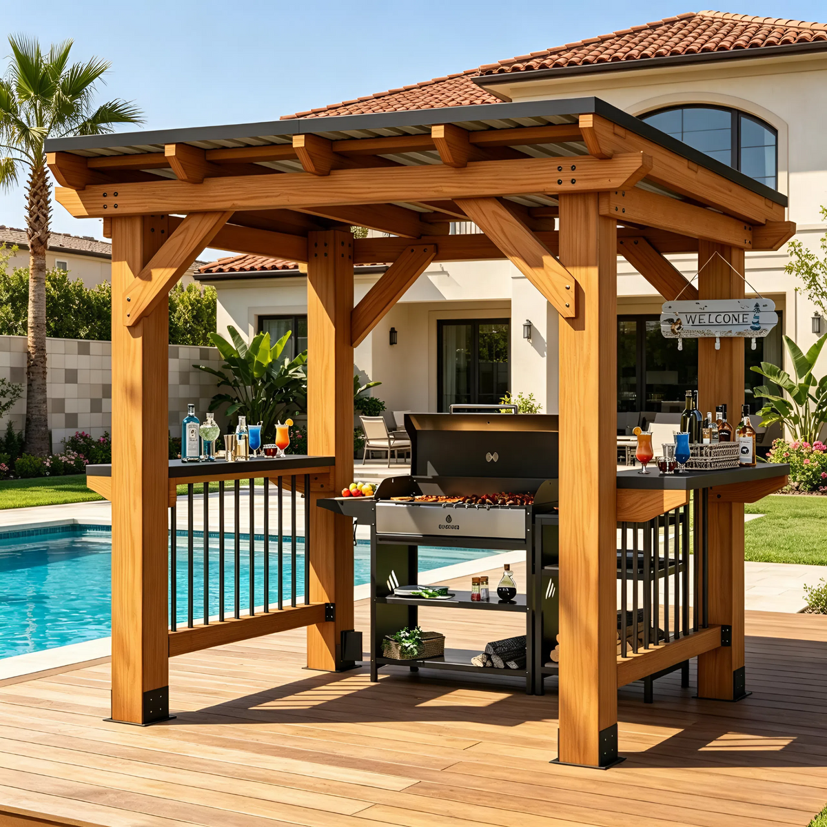 Aoxun 12' x 20' Cedar Wood Outdoor Gazebo with Galvanized Steel Slope Roof
