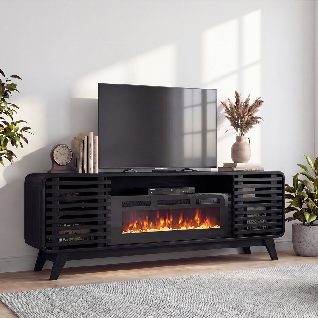 Fireplace TV Stand for 80” TVs, Mid Century Modern Entertainment Center with 36" Electric Fireplace and Led Lights, Wood Media Console with Slatted Sliding Doors, for Living Room, Black