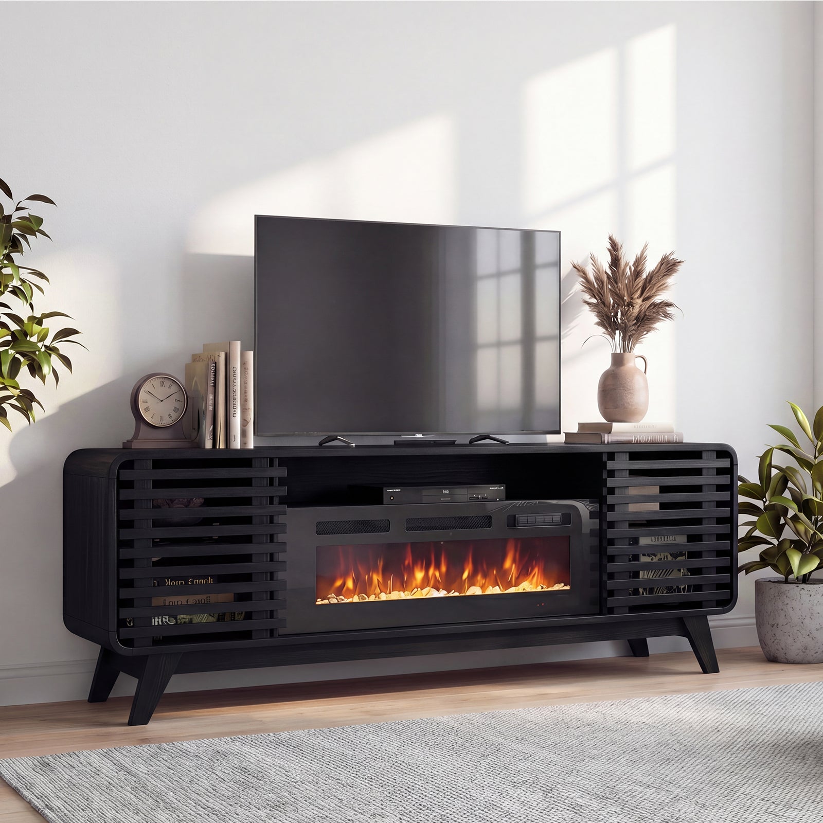 Fireplace TV Stand for 80” TVs, Mid Century Modern Entertainment Center with 36" Electric Fireplace and Led Lights, Wood Media Console with Slatted Sliding Doors, for Living Room, Black