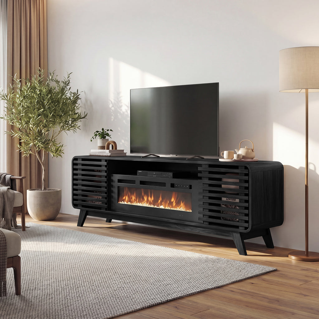 Fireplace TV Stand for 80” TVs, Mid Century Modern Entertainment Center with 36" Electric Fireplace and Led Lights, Wood Media Console with Slatted Sliding Doors, for Living Room, Black