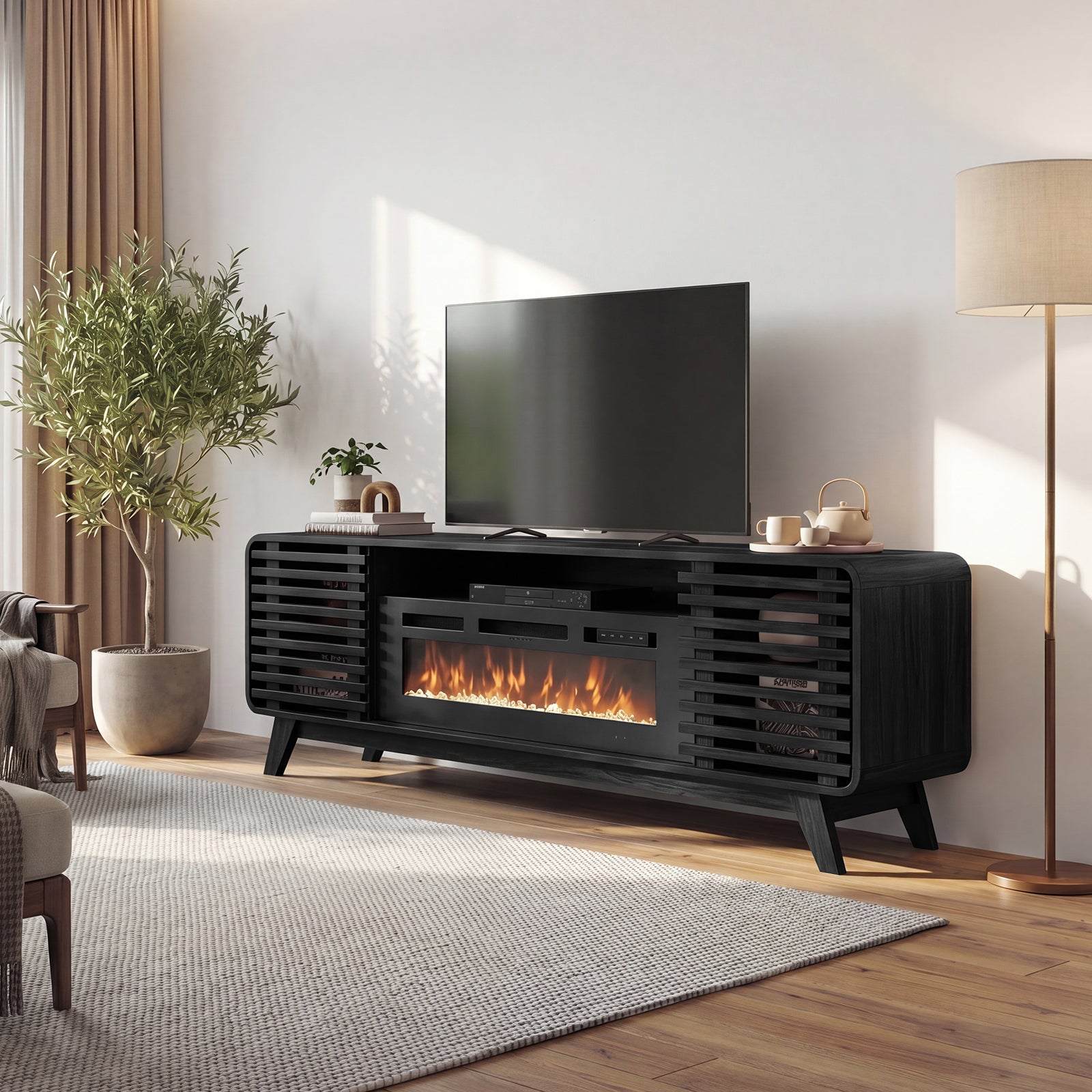 Fireplace TV Stand for 80” TVs, Mid Century Modern Entertainment Center with 36" Electric Fireplace and Led Lights, Wood Media Console with Slatted Sliding Doors, for Living Room, Black