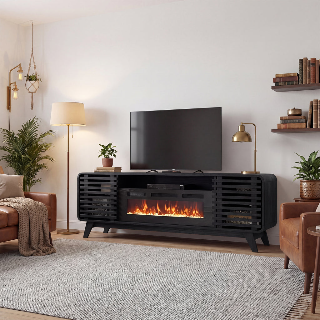 Fireplace TV Stand for 80” TVs, Mid Century Modern Entertainment Center with 36" Electric Fireplace and Led Lights, Wood Media Console with Slatted Sliding Doors, for Living Room, Black