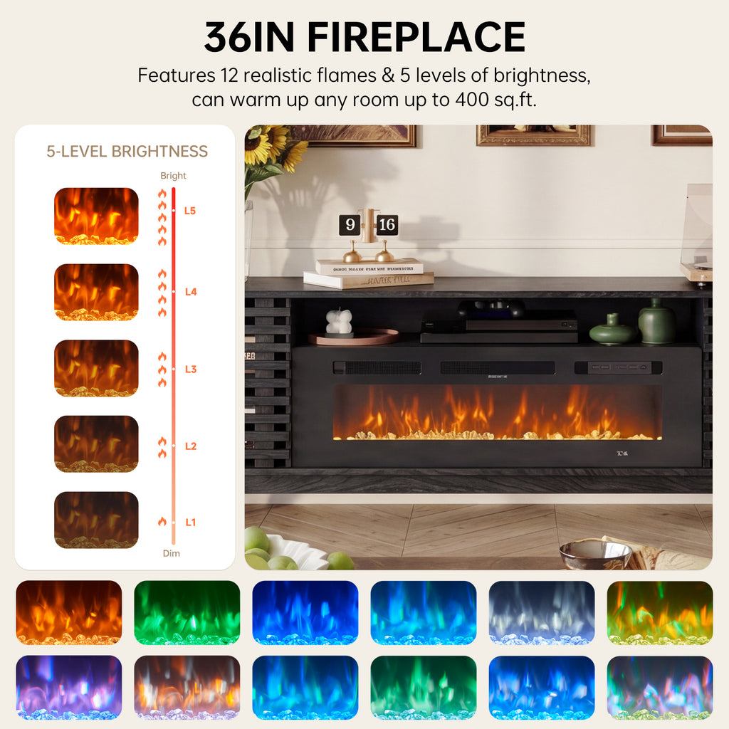 Fireplace TV Stand for 80” TVs, Mid Century Modern Entertainment Center with 36" Electric Fireplace and Led Lights, Wood Media Console with Slatted Sliding Doors, for Living Room, Black